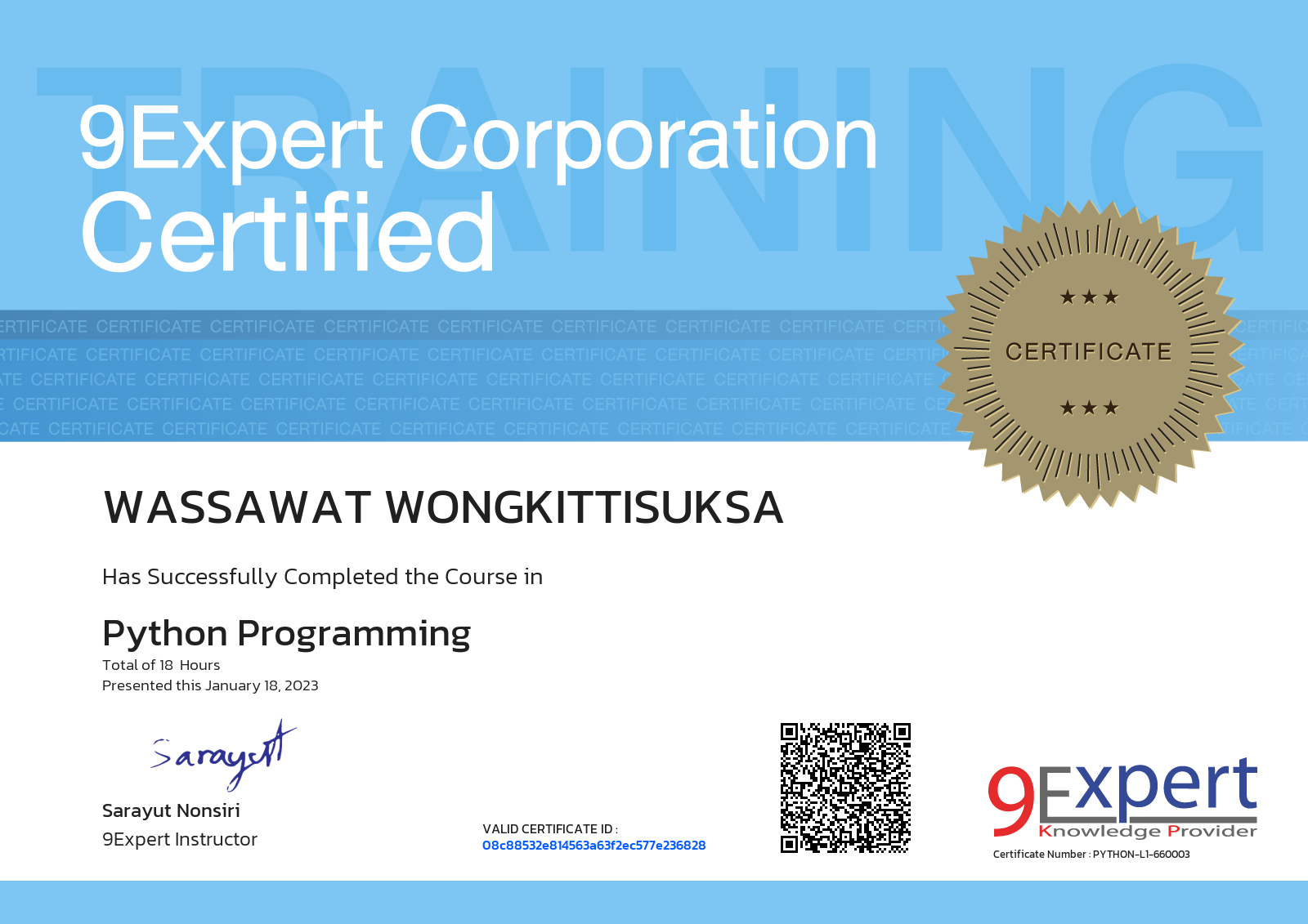 Wassawat Wongkittisuksa has successfully completed the course in Python Programming presented this january 18, 2023