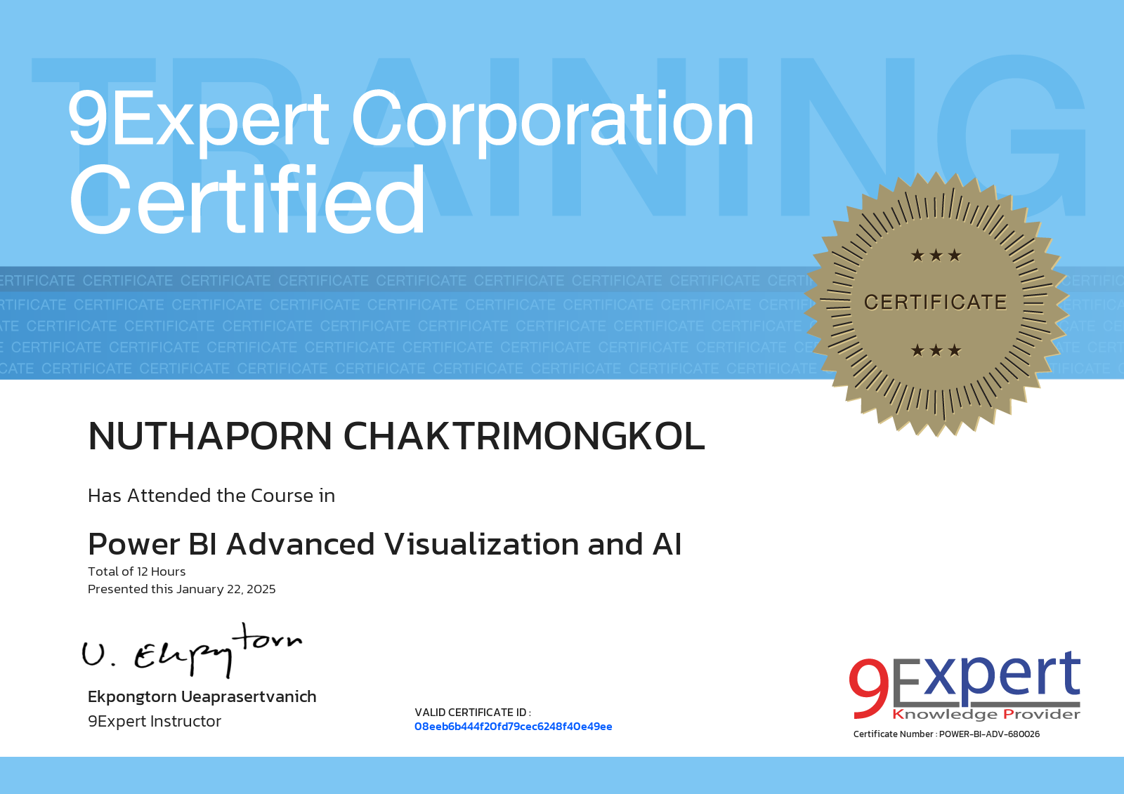 Nuthaporn Chaktrimongkol has attended the course in Power BI Advanced Visualization and AI presented this january 22, 2025