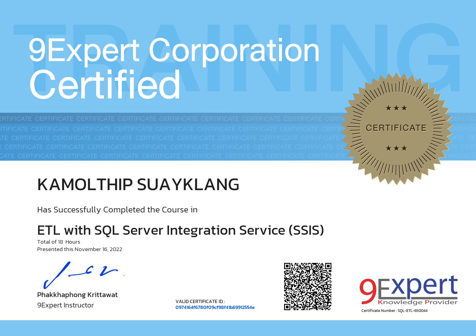 Kamolthip Suayklang has successfully completed the course in ETL with SQL Server Integration Service (SSIS) presented this november 16, 2022