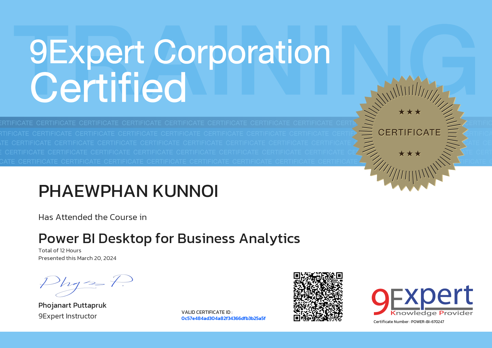 Phaewphan Kunnoi has attended the course in Power BI Desktop for Business Analytics presented this march 20, 2024