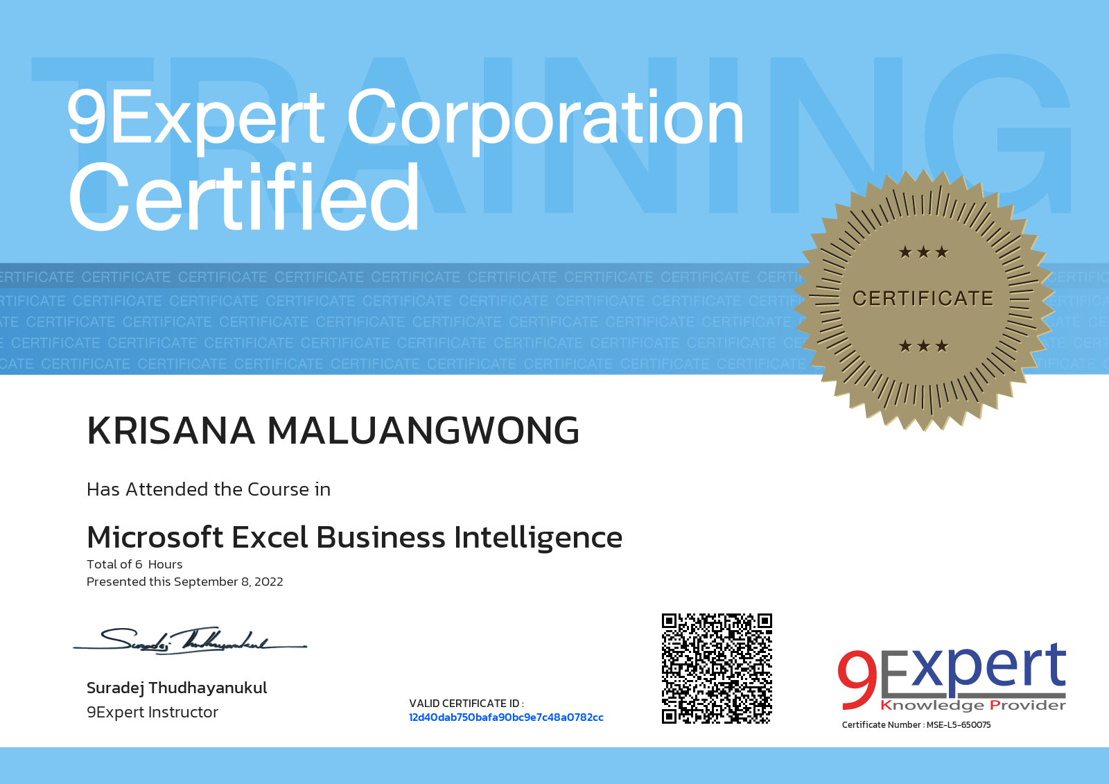 Krisana Maluangwong has attended the course in Microsoft Excel Business Intelligence presented this september 8, 2022