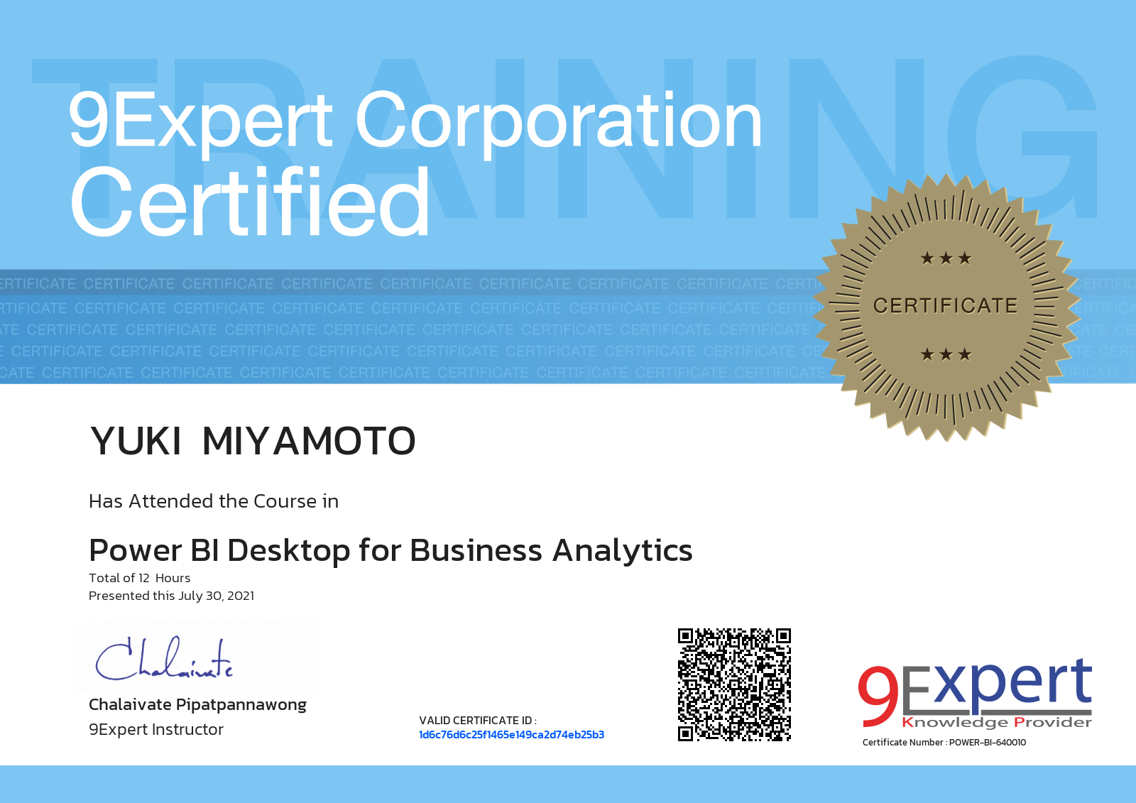 Yuki  Miyamoto has attended the course in Power BI Desktop for Business Analytics presented this july 30, 2021