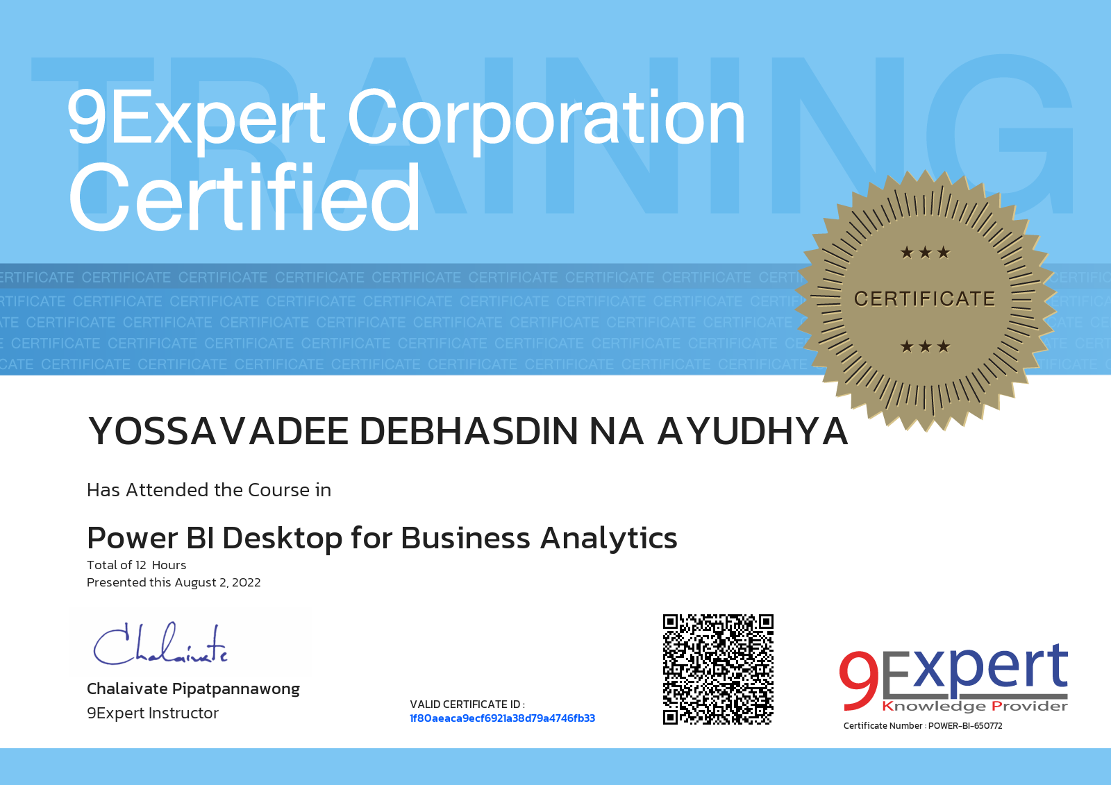 Yossavadee Debhasdin na ayudhya has attended the course in Power BI Desktop for Business Analytics presented this august 2, 2022