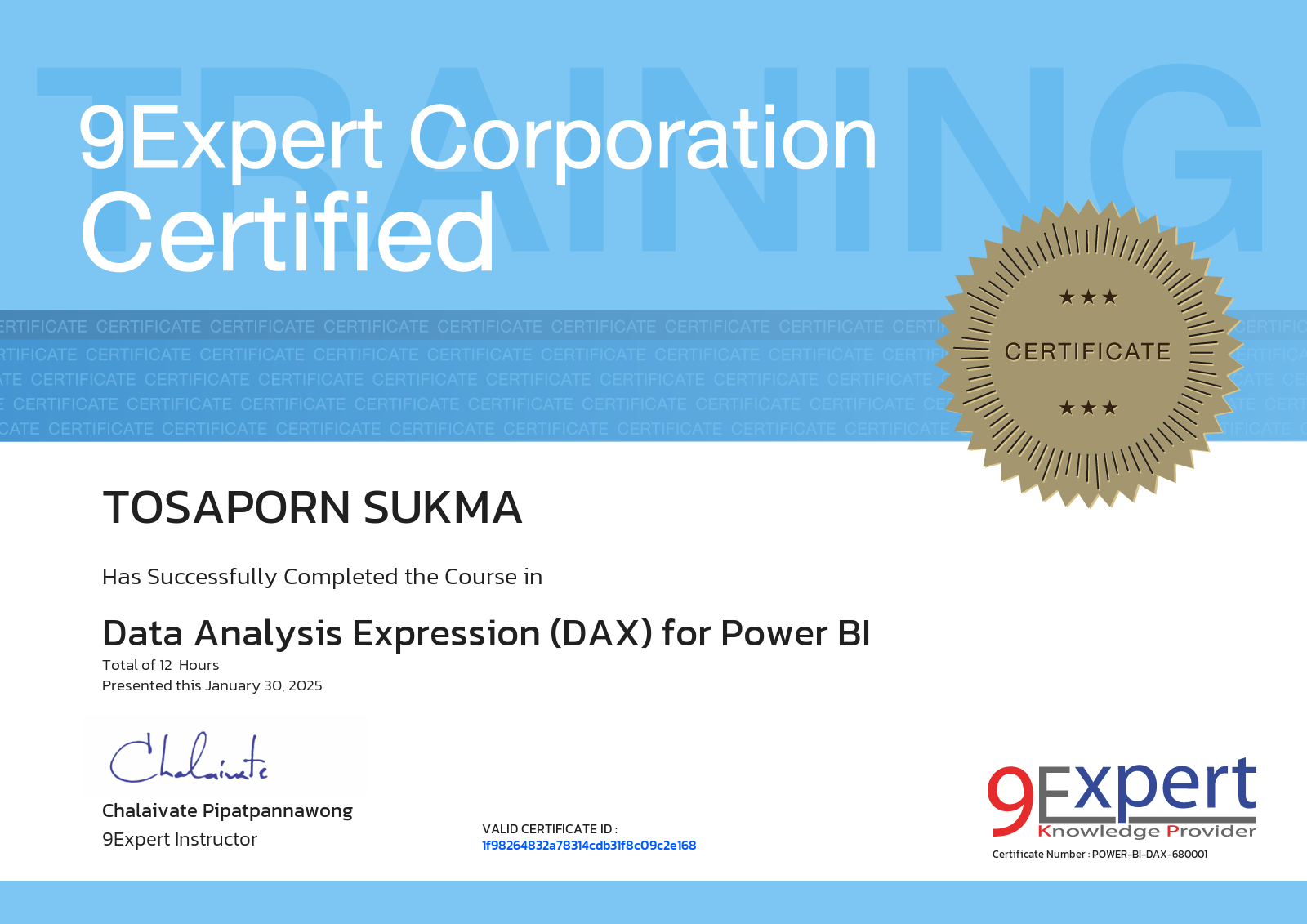 Tosaporn Sukma has successfully completed the course in Data Analysis Expression (DAX) for Power BI presented this january 30, 2025