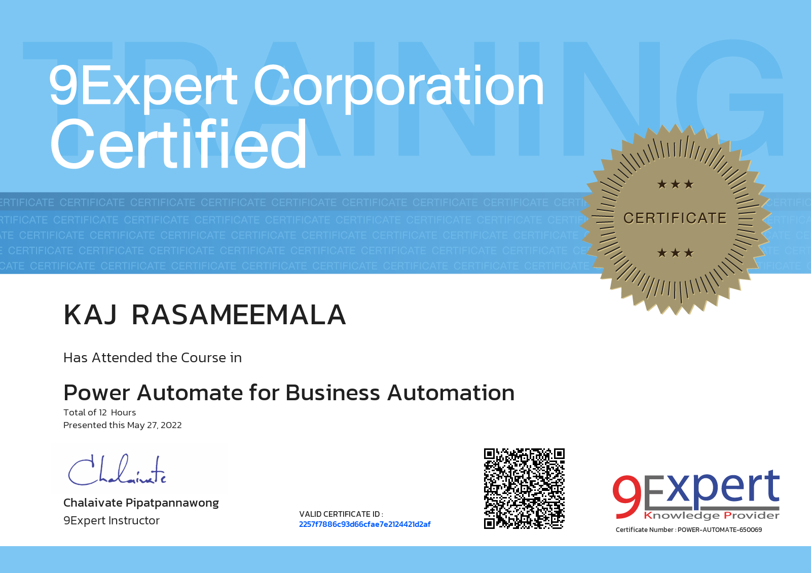 Kaj  Rasameemala has attended the course in Power Automate for Business Automation presented this may 27, 2022