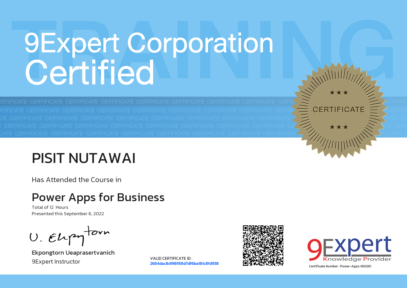 Pisit Nutawai has attended the course in Power Apps for Business presented this september 6, 2022