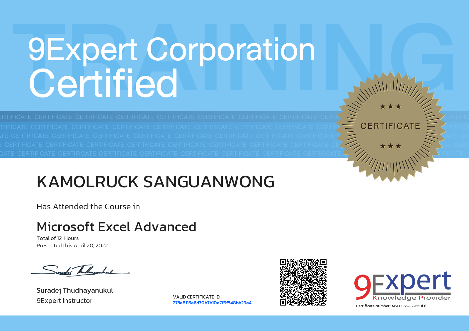 Kamolruck Sanguanwong has attended the course in Microsoft Excel Advanced presented this april 20, 2022