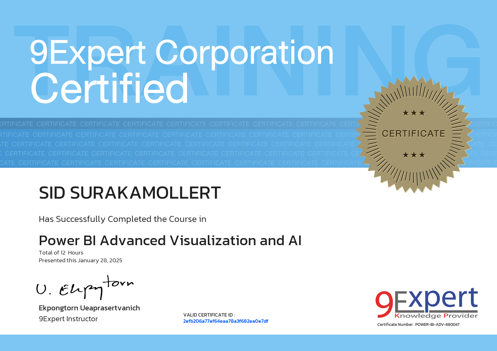 Sid Surakamollert has successfully completed the course in Power BI Advanced Visualization and AI presented this january 28, 2025