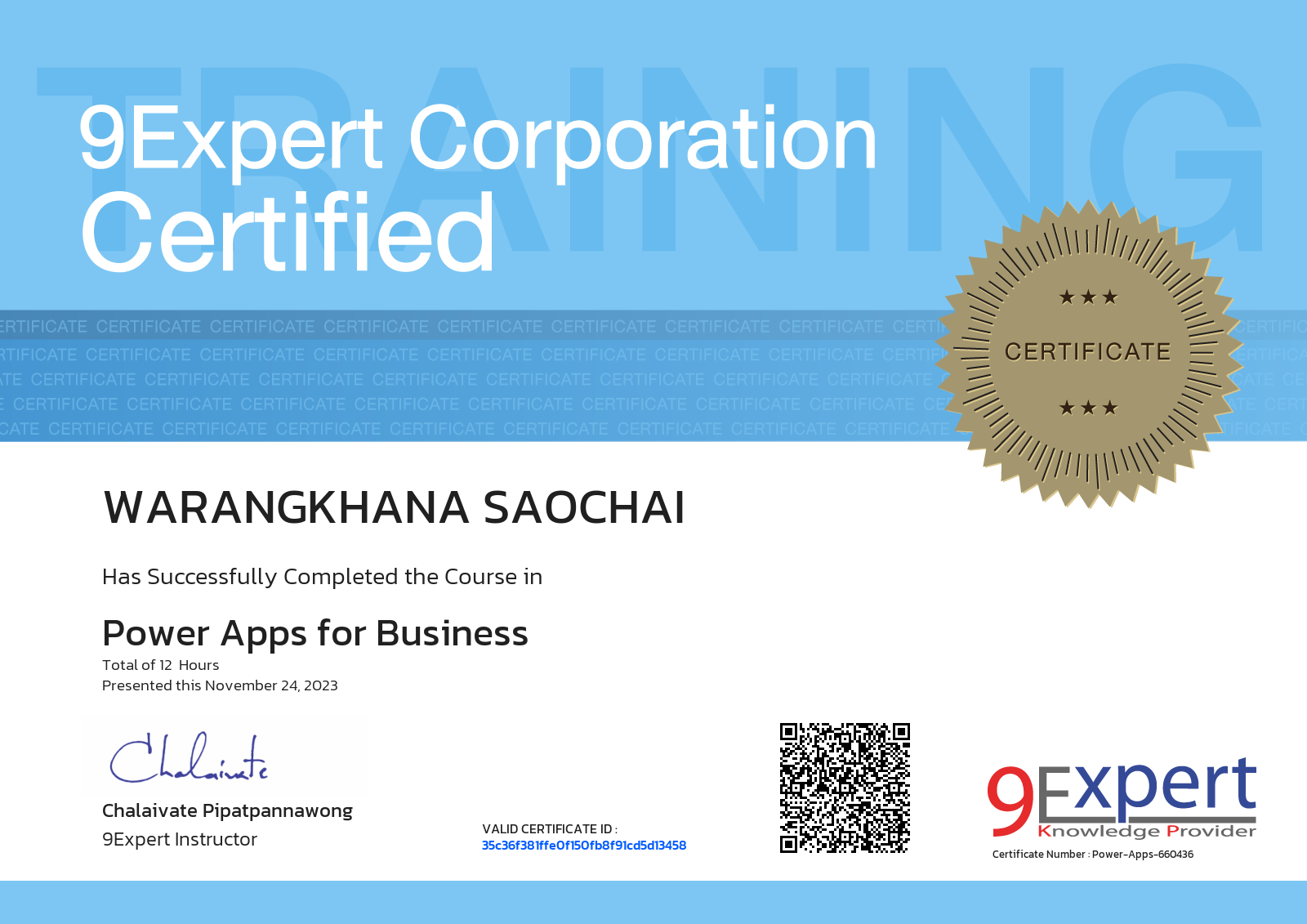 Warangkhana Saochai has successfully completed the course in Power Apps for Business presented this november 24, 2023