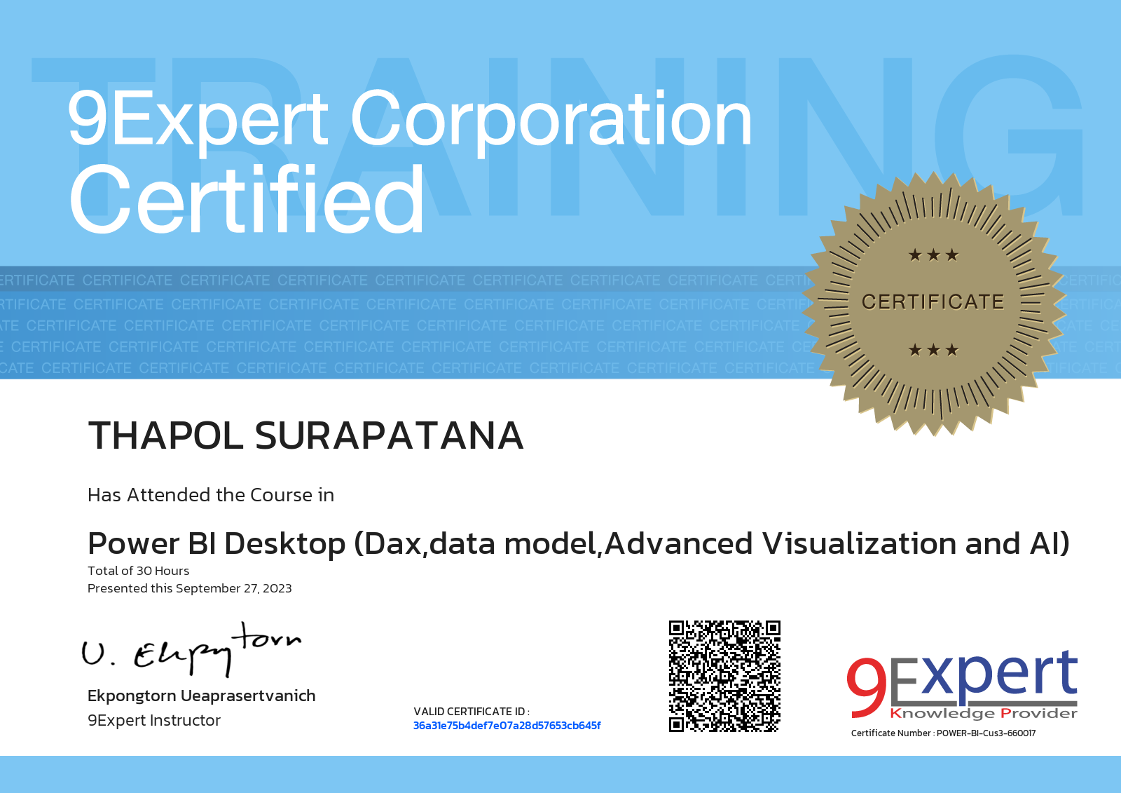 Thapol Surapatana has attended the course in Power BI Desktop (Dax,data model,Advanced Visualization and AI) presented this september 27, 2023