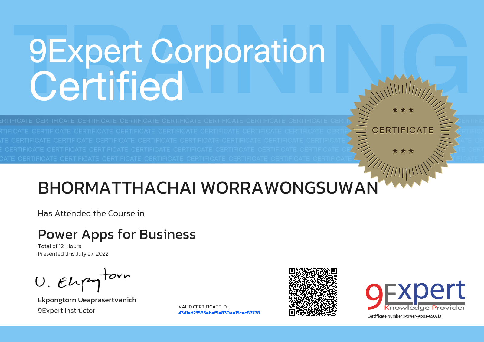 Bhormatthachai Worrawongsuwan has attended the course in Power Apps for Business presented this july 27, 2022