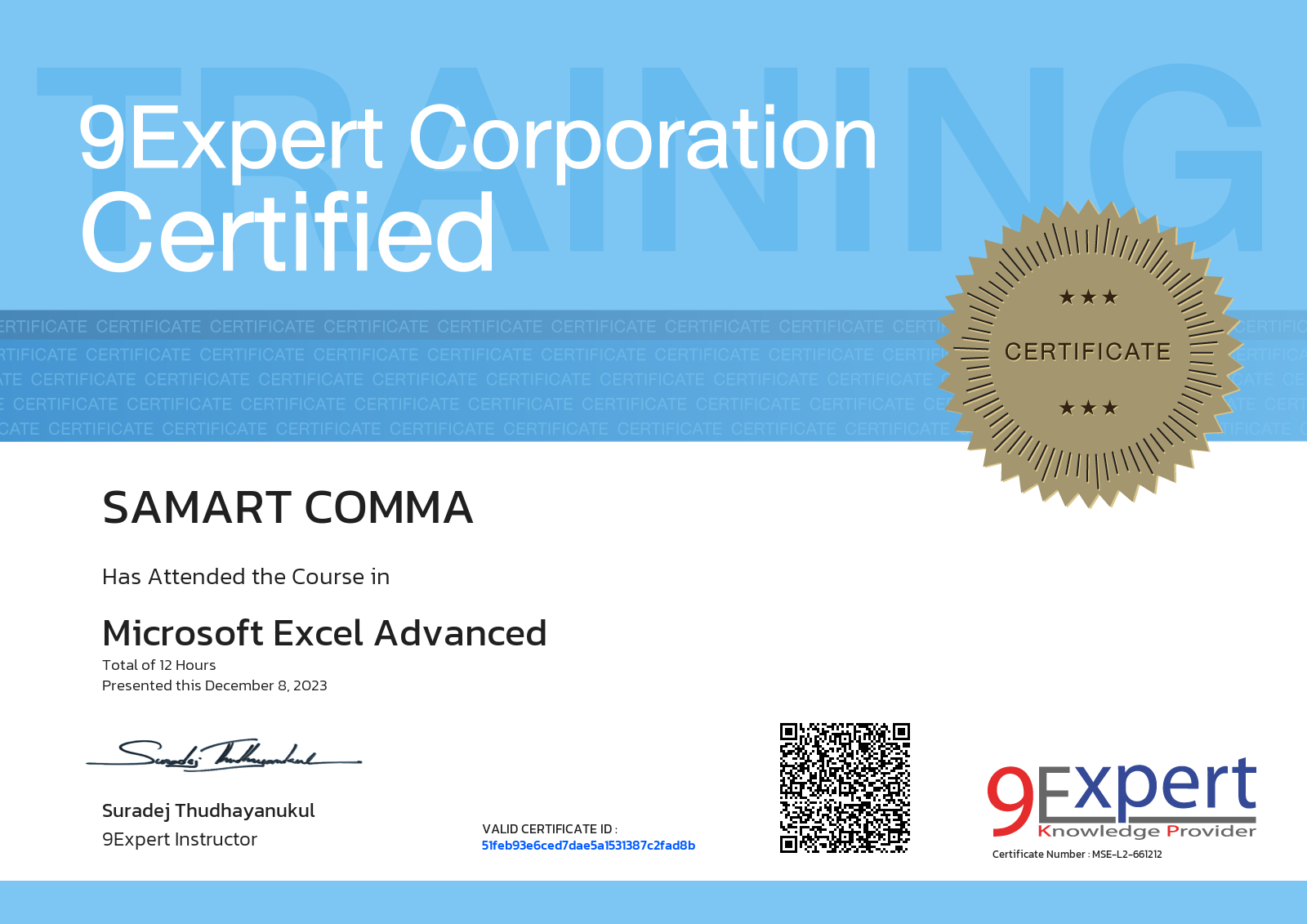 Samart Comma has attended the course in Microsoft Excel Advanced presented this december 8, 2023