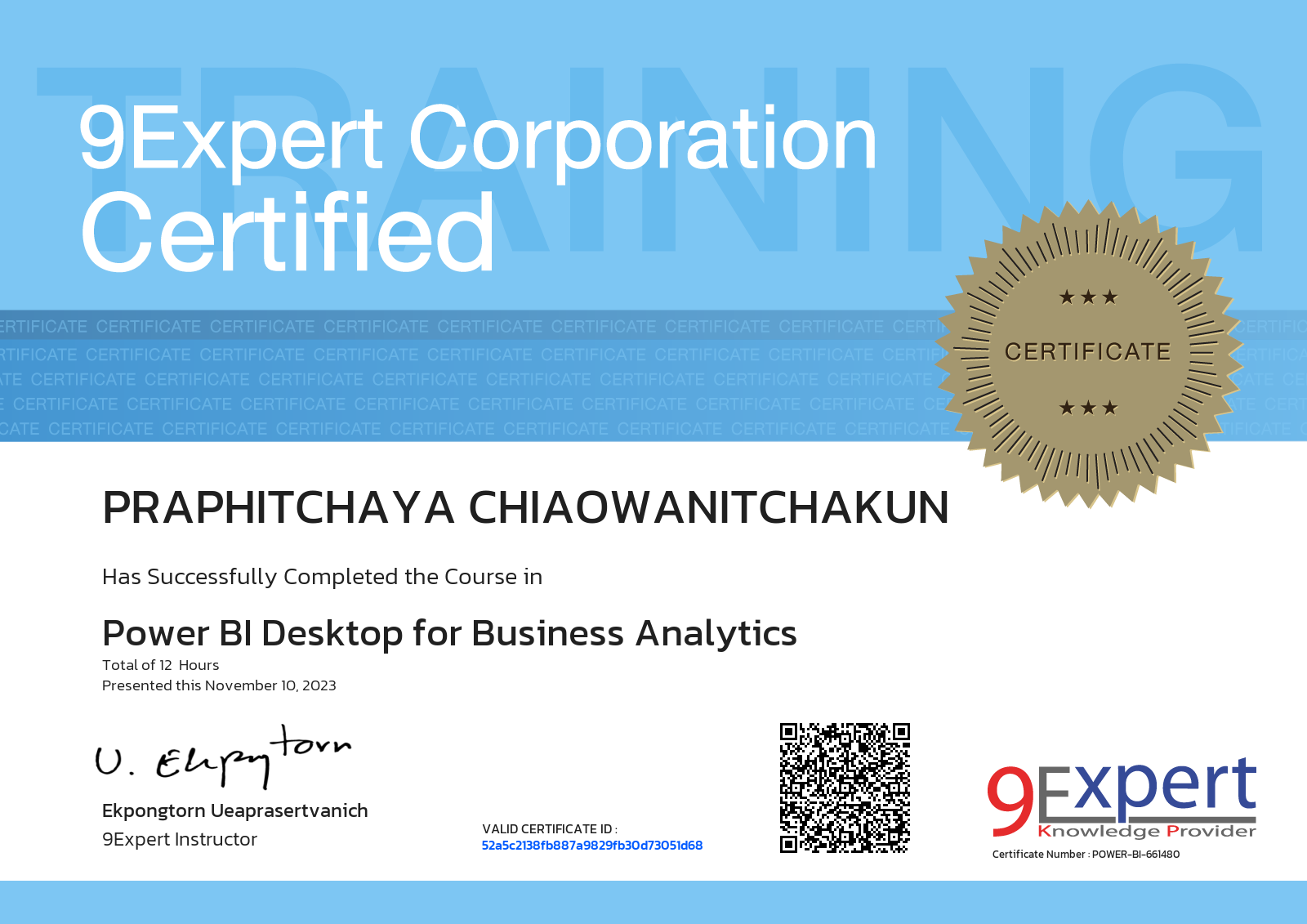 Praphitchaya Chiaowanitchakun has successfully completed the course in Power BI Desktop for Business Analytics presented this november 10, 2023