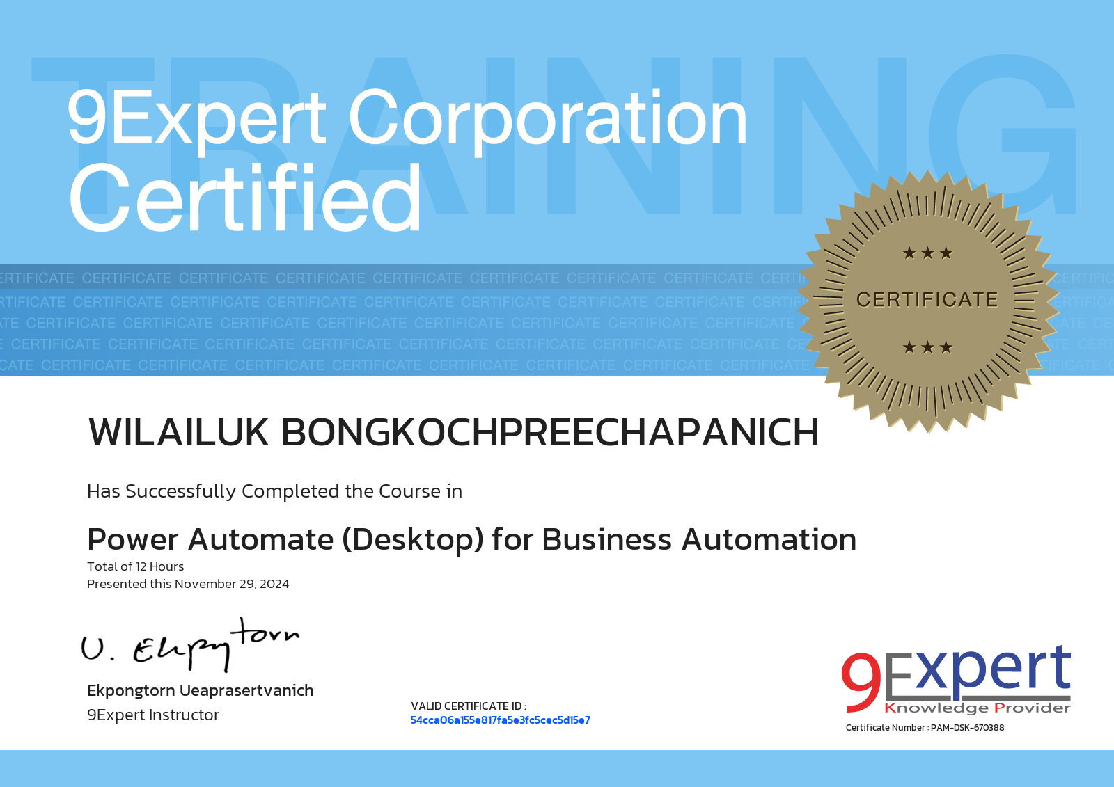 Wilailuk Bongkochpreechapanich has successfully completed the course in Power Automate (Desktop) for Business Automation presented this november 29, 2024