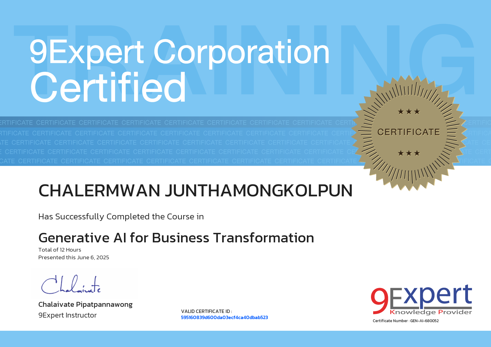 Chalermwan Junthamongkolpun has successfully completed the course in Generative AI for Business Transformation presented this june 6, 2025