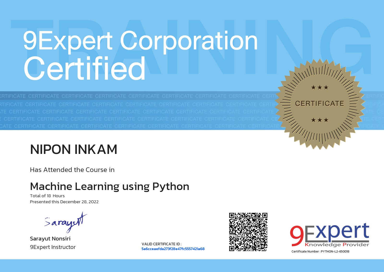 Nipon Inkam has attended the course in Machine Learning using Python presented this december 28, 2022