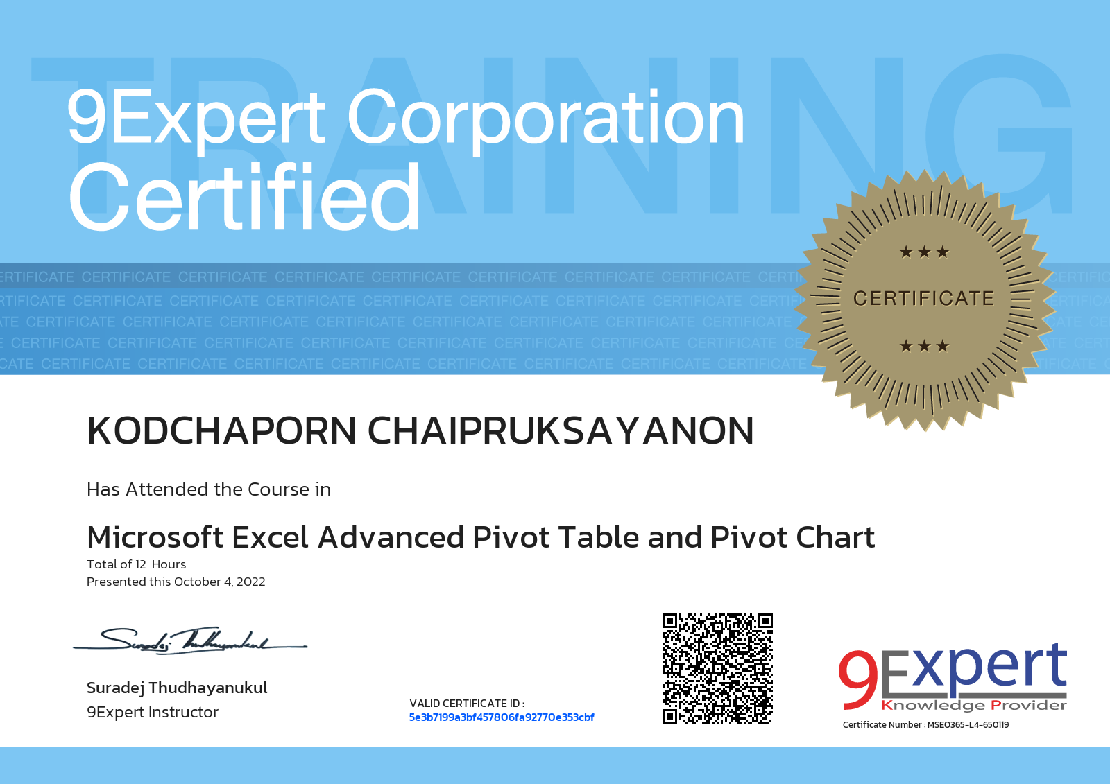 Kodchaporn Chaipruksayanon has attended the course in Microsoft Excel Advanced Pivot Table and Pivot Chart presented this october 4, 2022