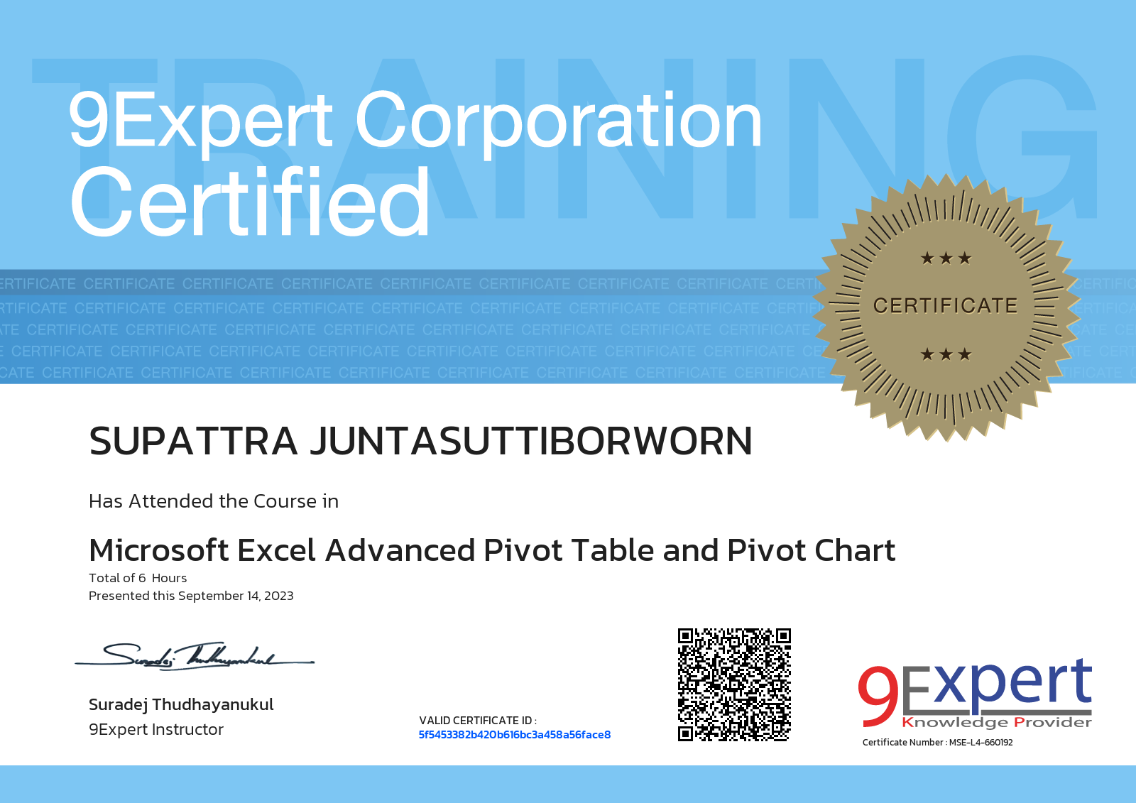 Supattra Juntasuttiborworn has attended the course in Microsoft Excel Advanced Pivot Table and Pivot Chart presented this september 14, 2023