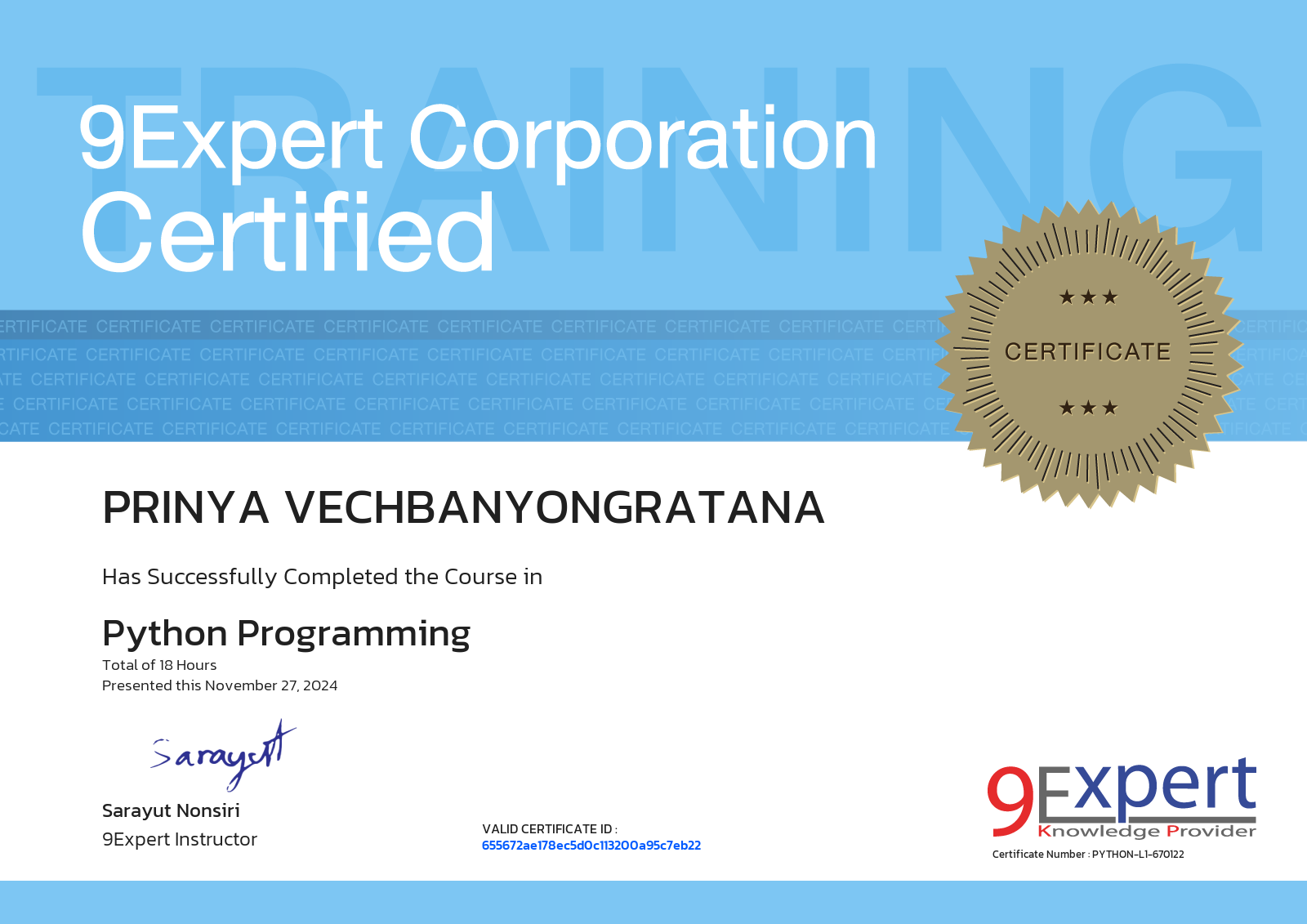 Prinya Vechbanyongratana has successfully completed the course in Python Programming presented this november 27, 2024