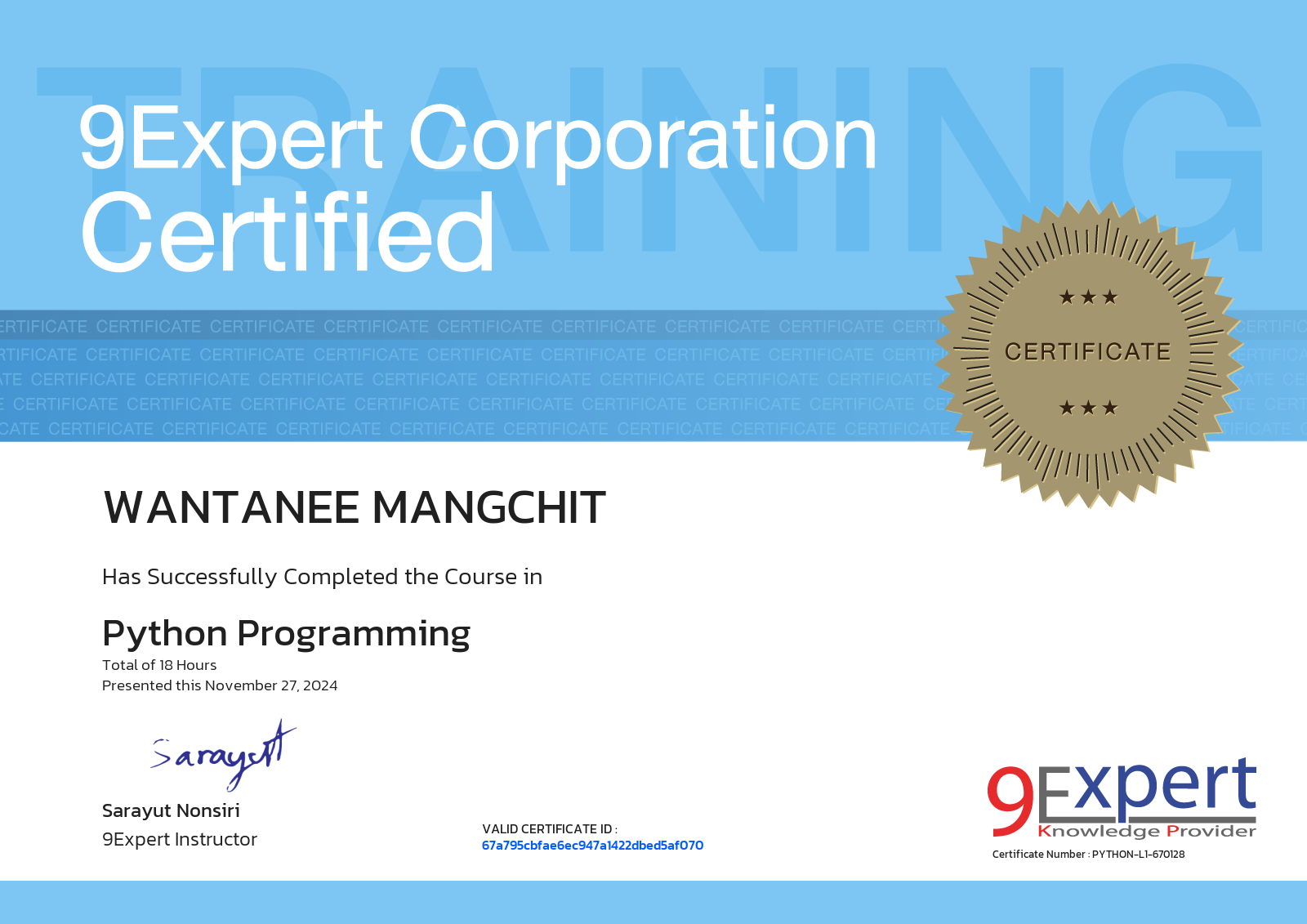 Wantanee Mangchit has successfully completed the course in Python Programming presented this november 27, 2024