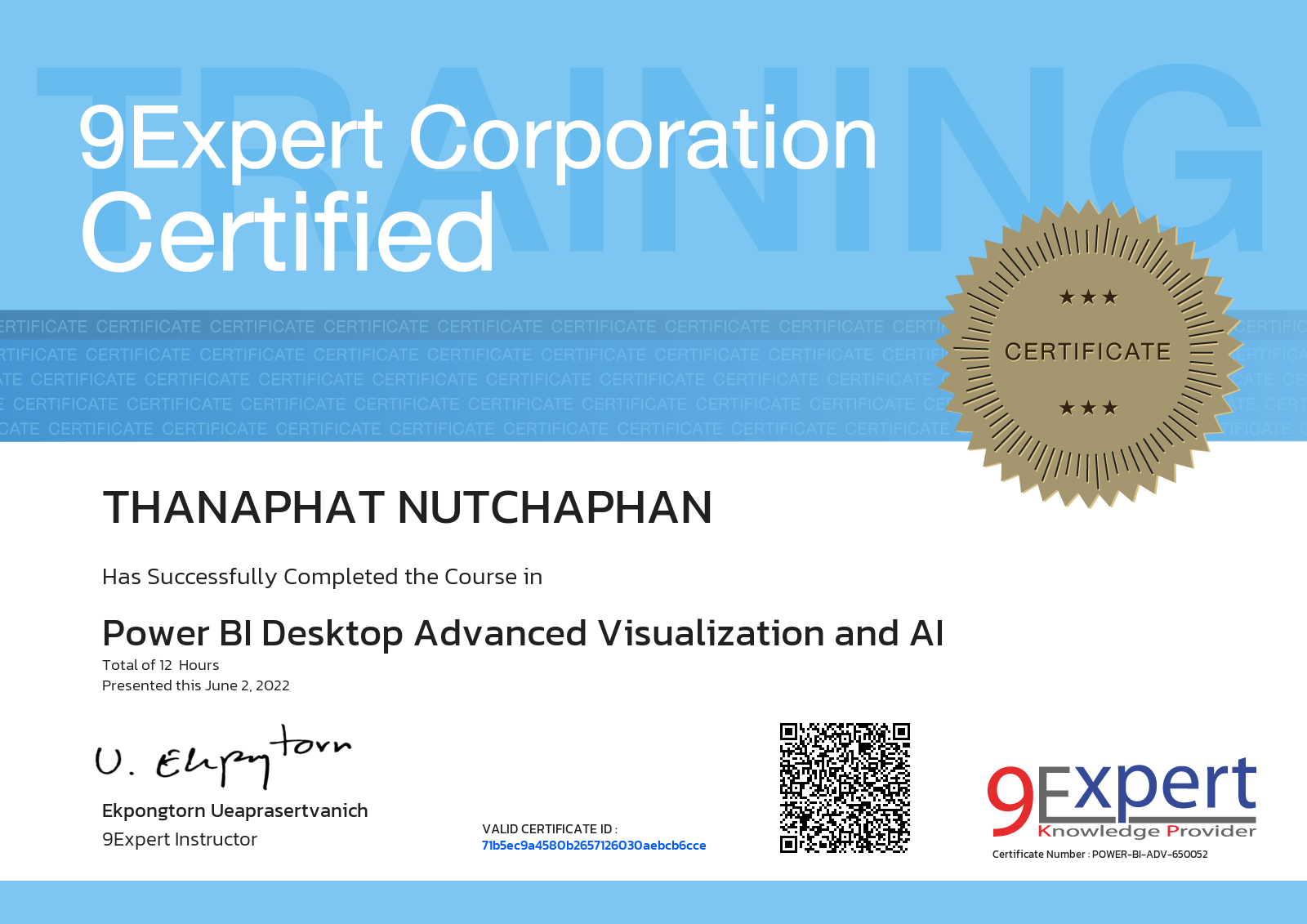 Thanaphat Nutchaphan has successfully completed the course in Power BI Advanced Visualization and AI presented this june 2, 2022