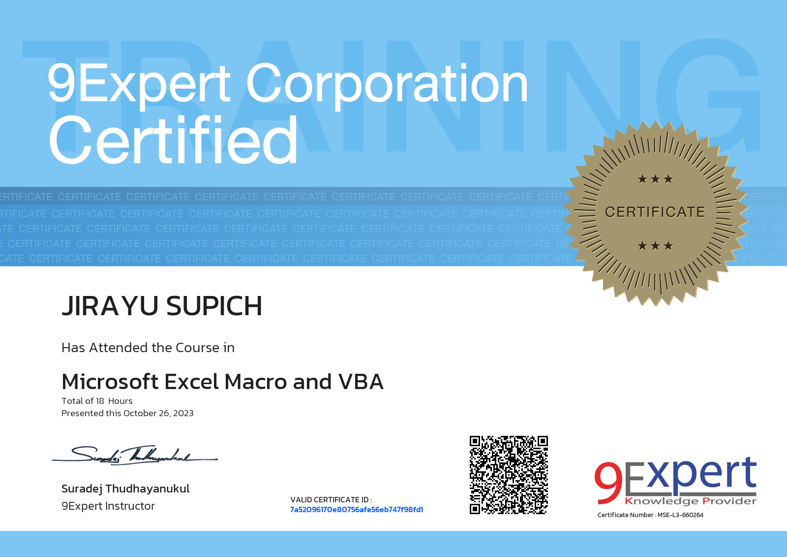 Jirayu Supich has attended the course in Microsoft Excel Macro and VBA presented this october 26, 2023