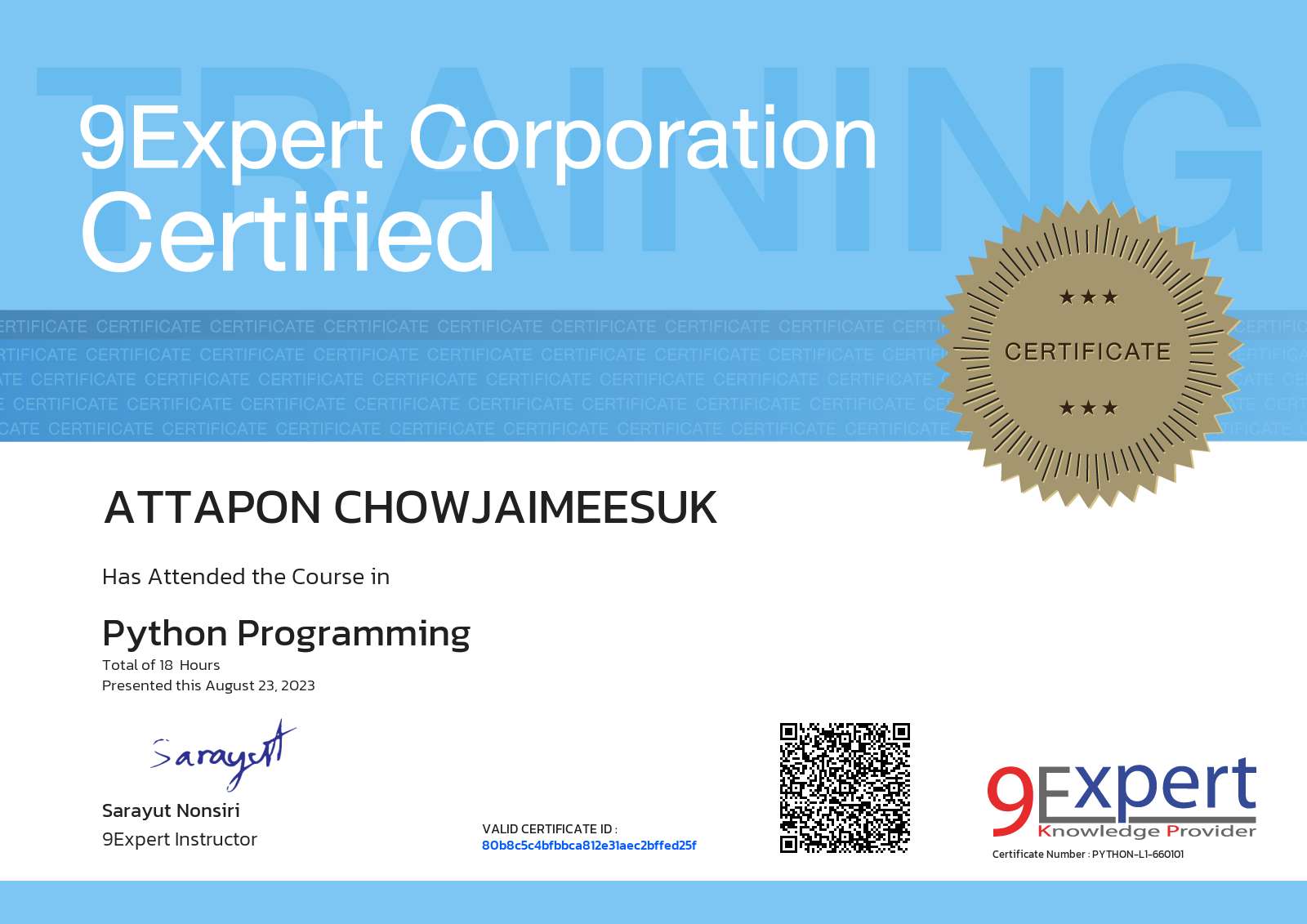 Attapon Chowjaimeesuk has attended the course in Python Programming presented this august 23, 2023