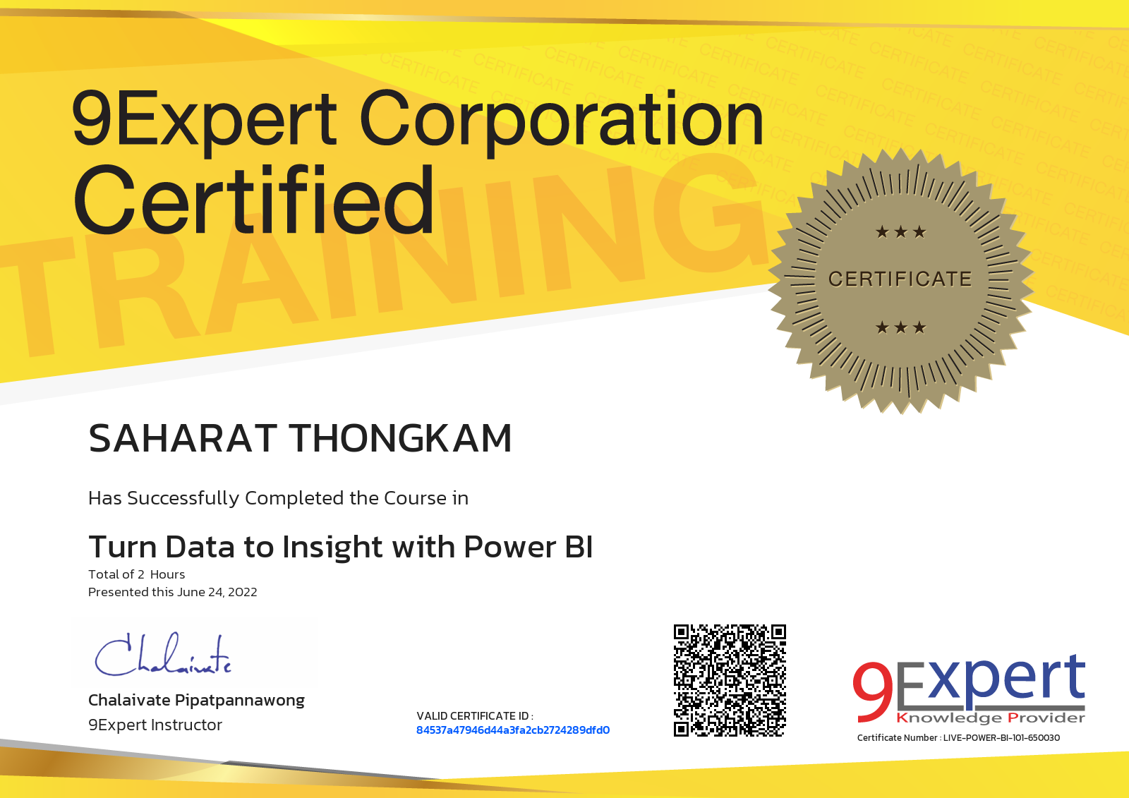 Saharat Thongkam has successfully completed the course in Turn Data to Insight with Power BI presented this june 24, 2022