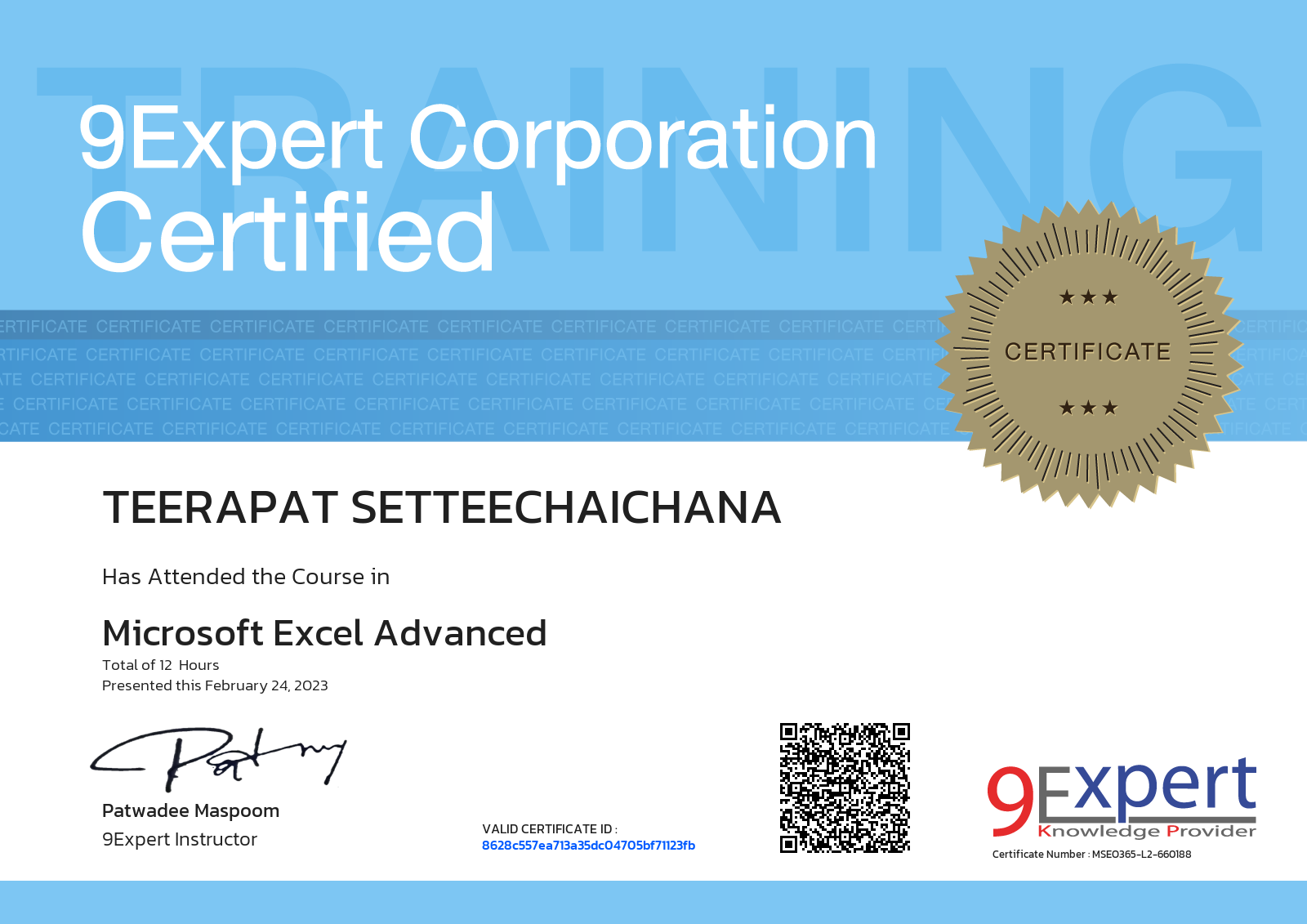 Teerapat Setteechaichana has attended the course in Microsoft Excel Advanced presented this february 24, 2023