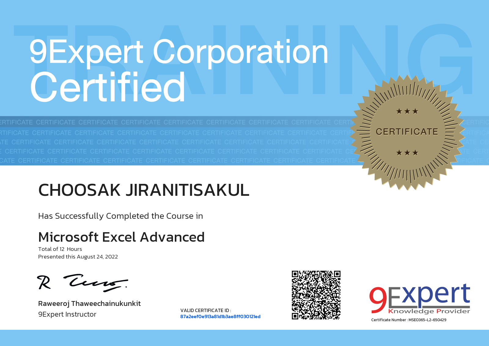 Choosak Jiranitisakul has successfully completed the course in Microsoft Excel Advanced presented this august 24, 2022