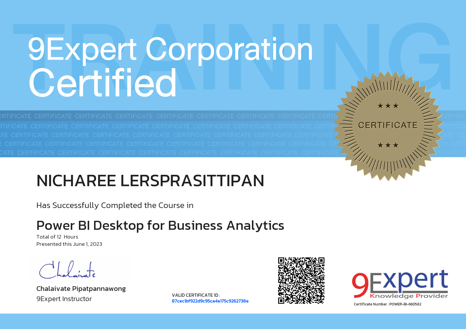 Nicharee Lersprasittipan has successfully completed the course in Power BI Desktop for Business Analytics presented this june 1, 2023
