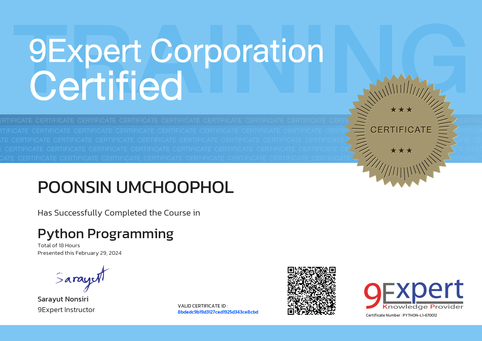 Poonsin Umchoophol has successfully completed the course in Python Programming presented this february 29, 2024