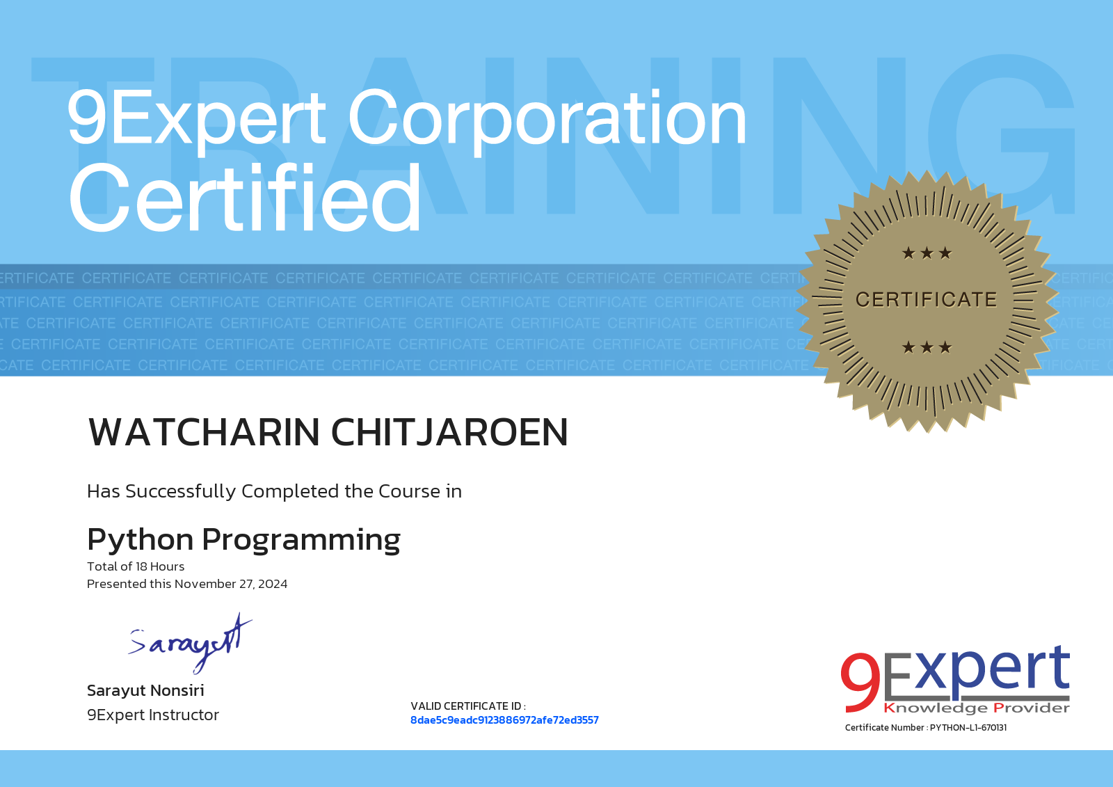 Watcharin Chitjaroen has successfully completed the course in Python Programming presented this november 27, 2024