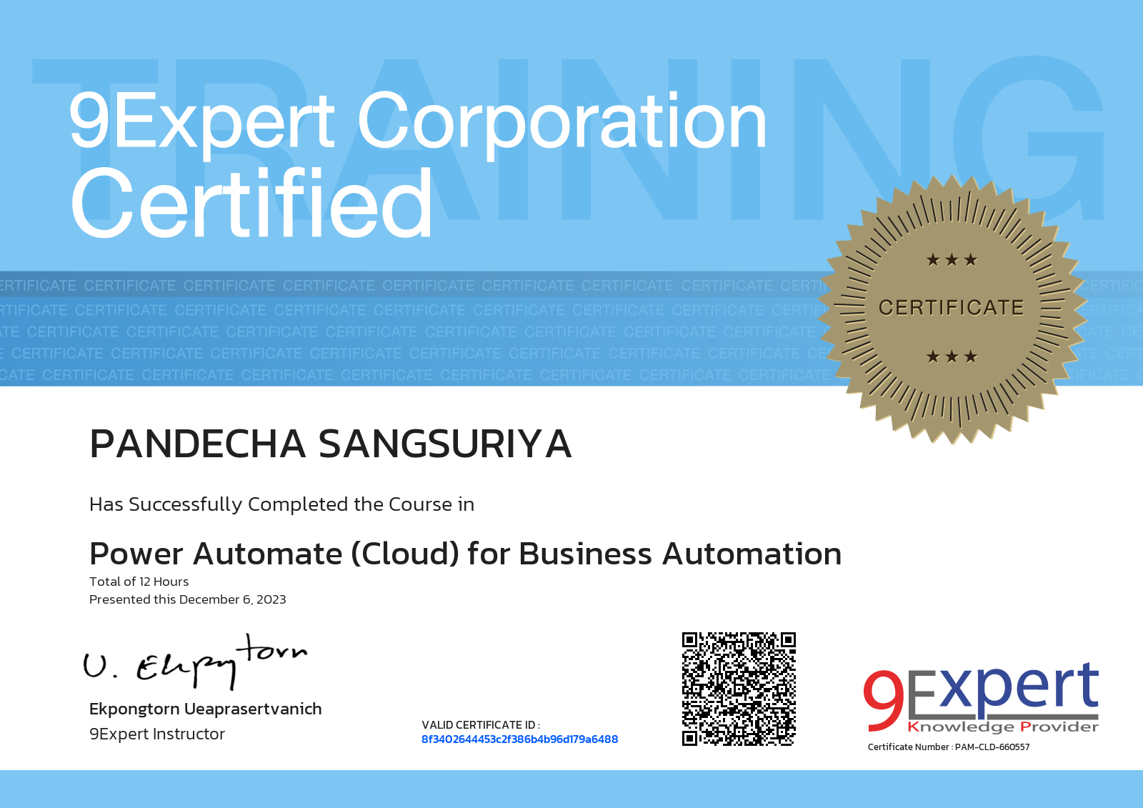Pandecha Sangsuriya has successfully completed the course in Power Automate (Cloud) for Business Automation presented this december 6, 2023