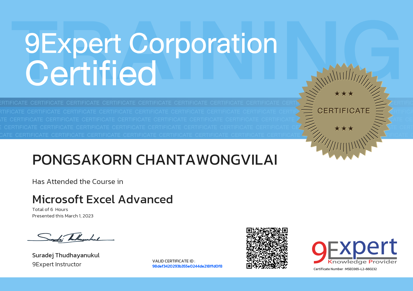 Pongsakorn Chantawongvilai has attended the course in Microsoft Excel Advanced presented this march 1, 2023