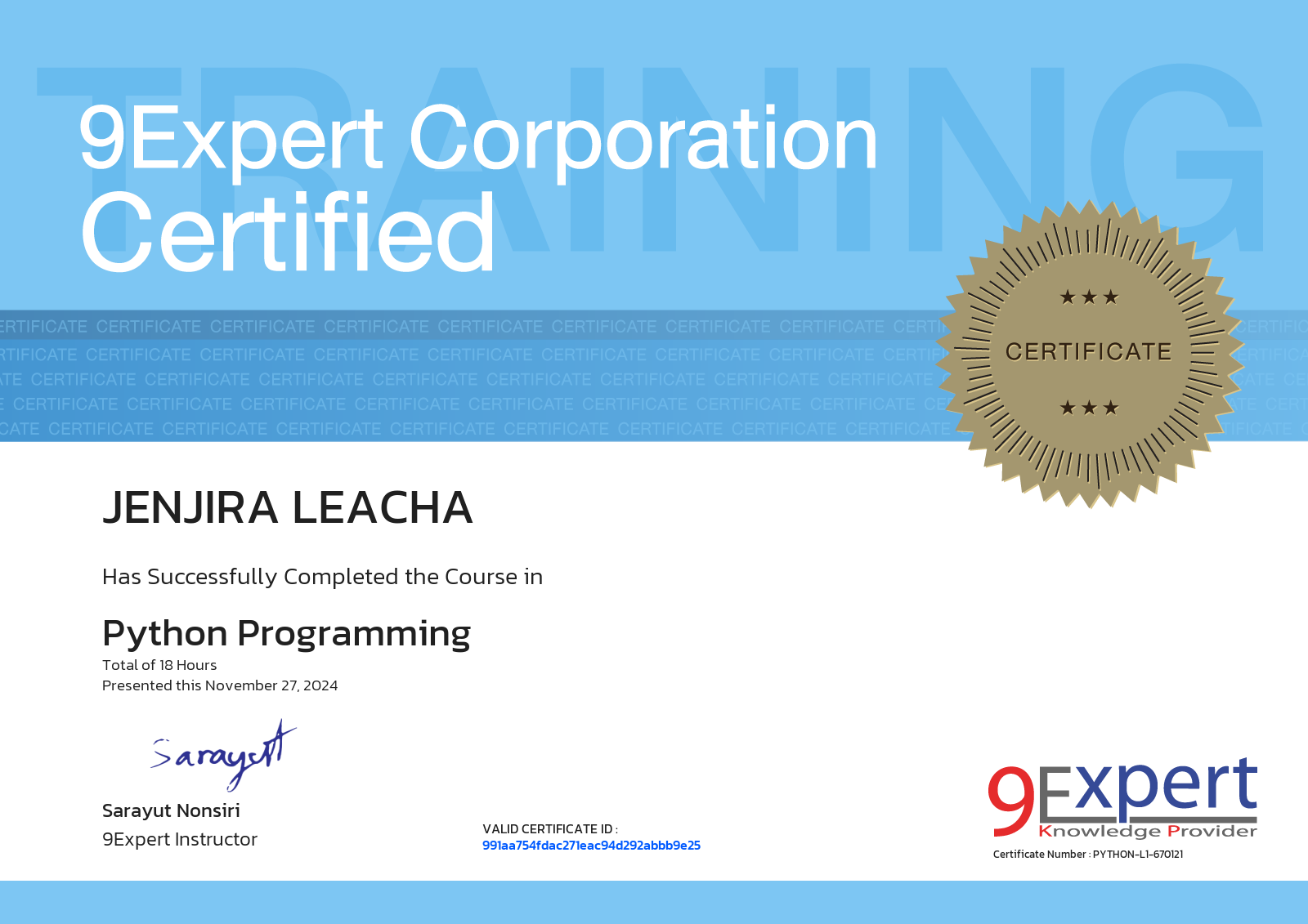 Jenjira Leacha has successfully completed the course in Python Programming presented this november 27, 2024