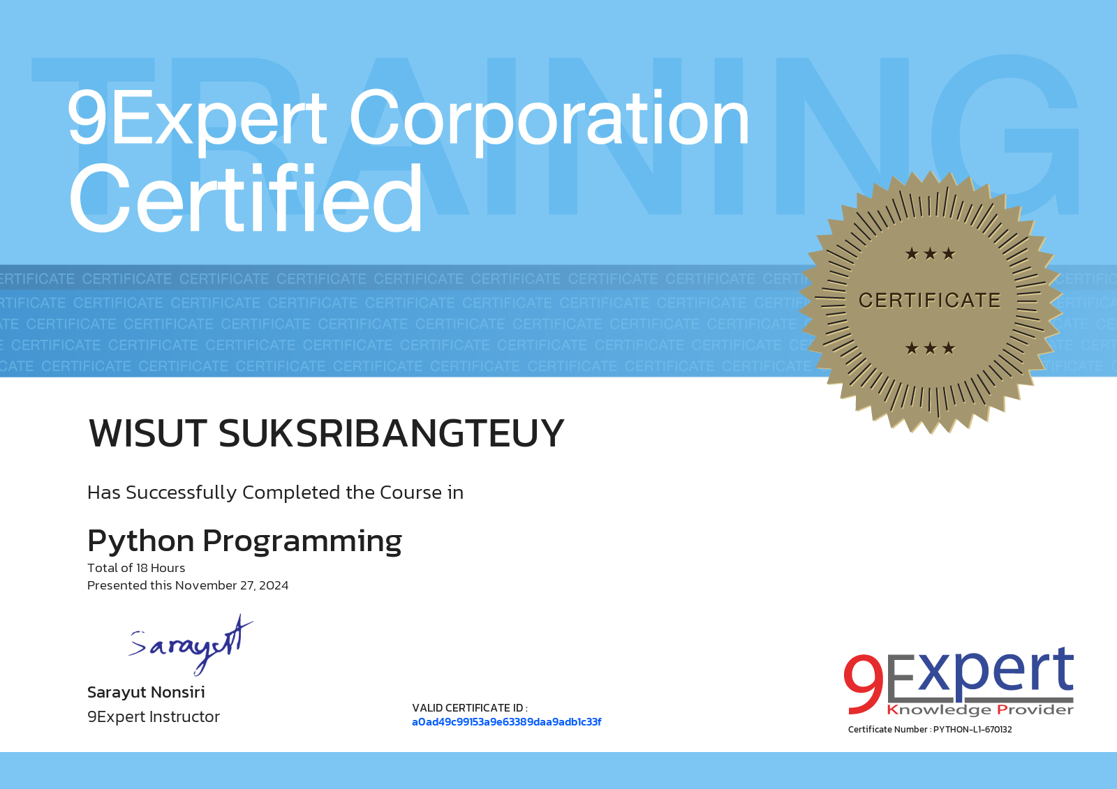 Wisut Suksribangteuy has successfully completed the course in Python Programming presented this november 27, 2024