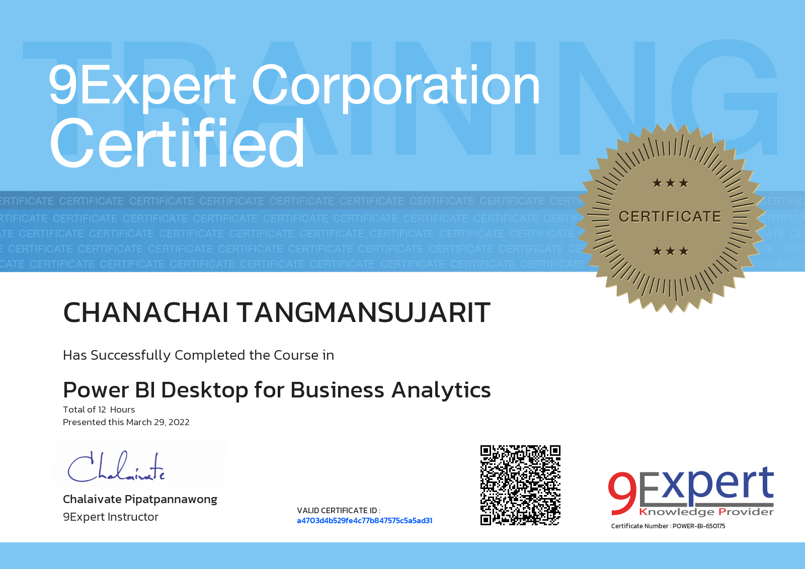 Chanachai Tangmansujarit has successfully completed the course in Power BI Desktop for Business Analytics presented this march 29, 2022