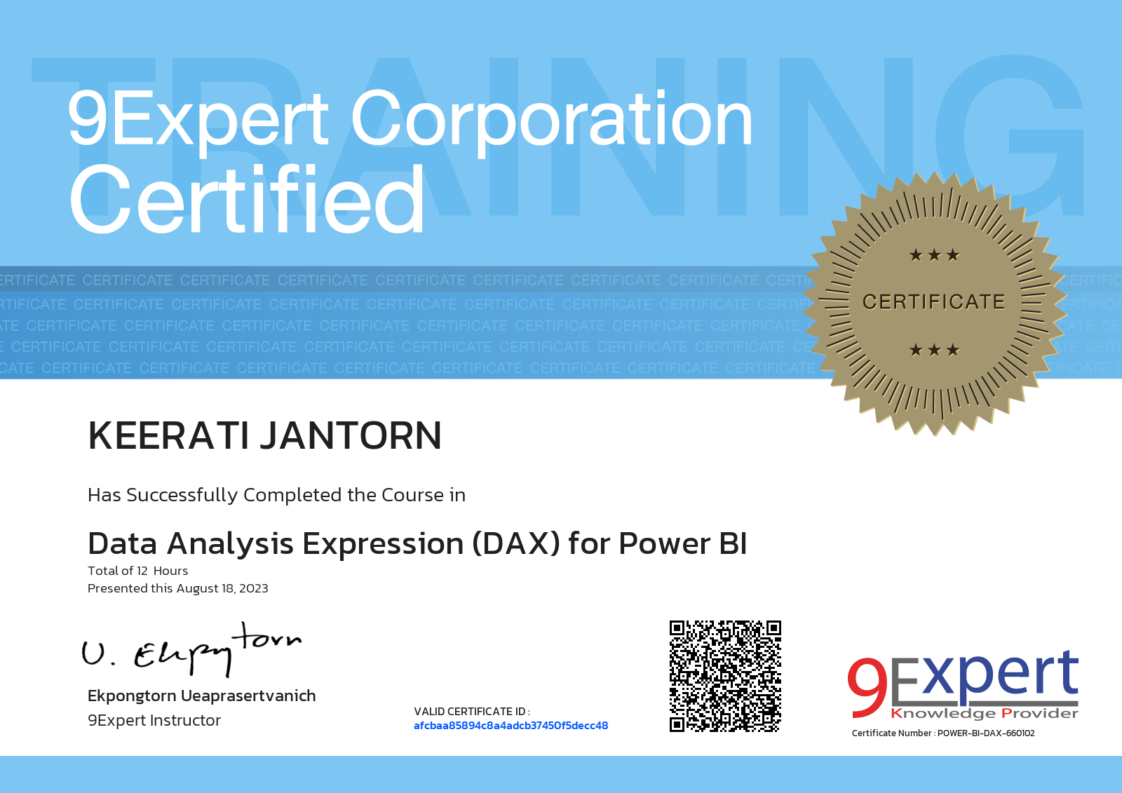 Keerati Jantorn has successfully completed the course in Data Analysis Expression (DAX) for Power BI presented this august 18, 2023