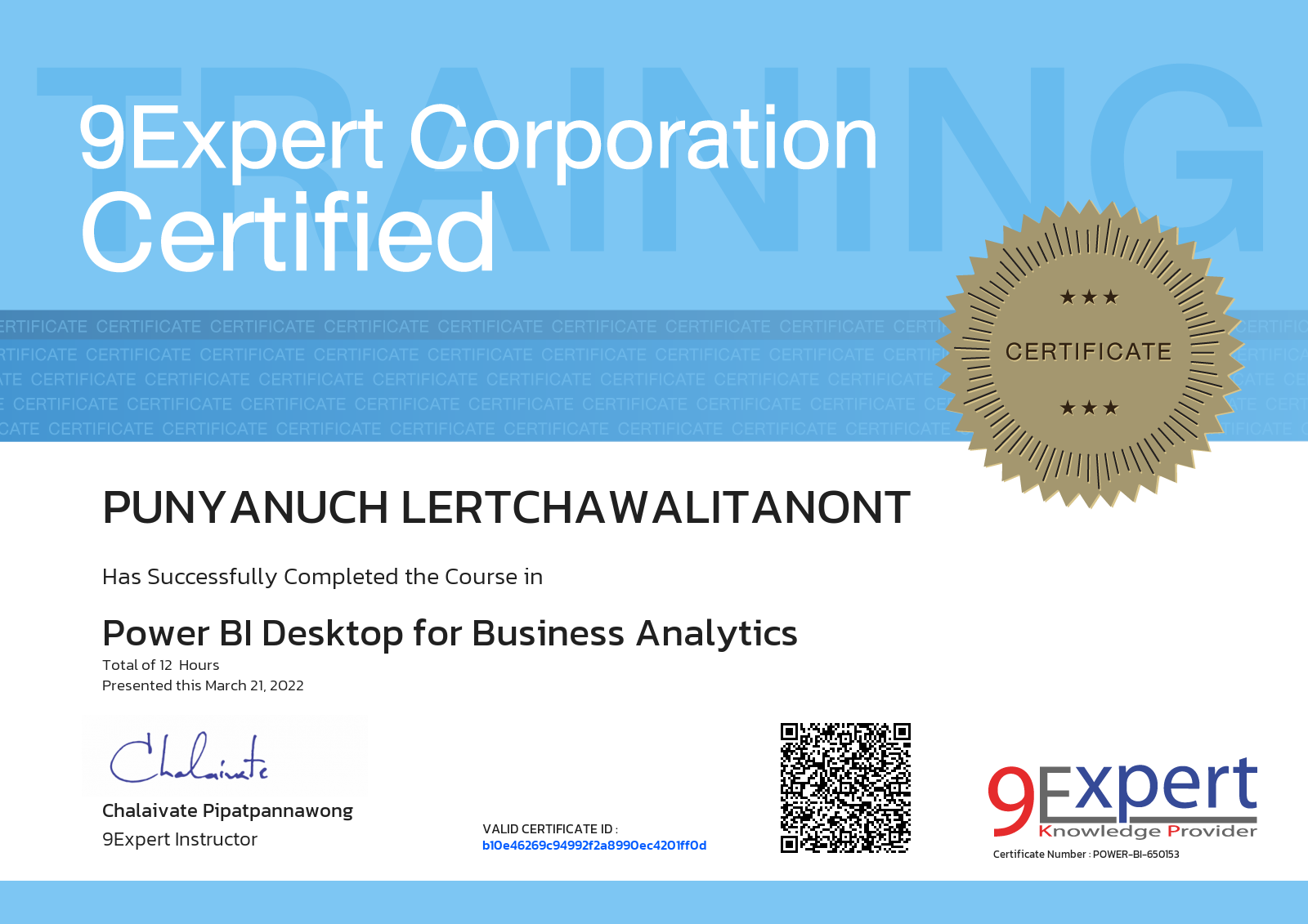 Lertchawalitanont Punyanuch has successfully completed the course in Power BI Desktop for Business Analytics presented this march 21, 2022