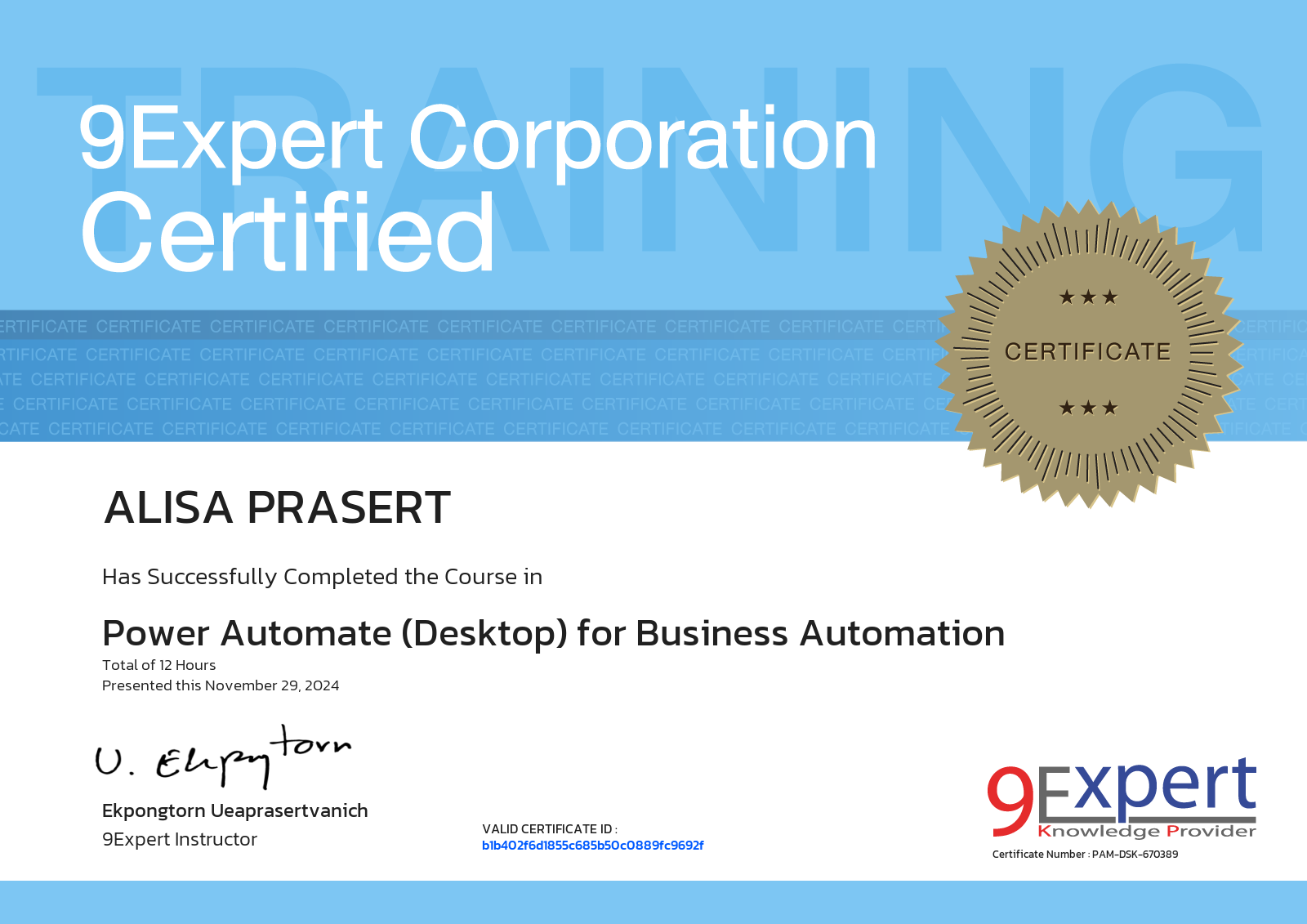 Alisa Prasert has successfully completed the course in Power Automate (Desktop) for Business Automation presented this november 29, 2024