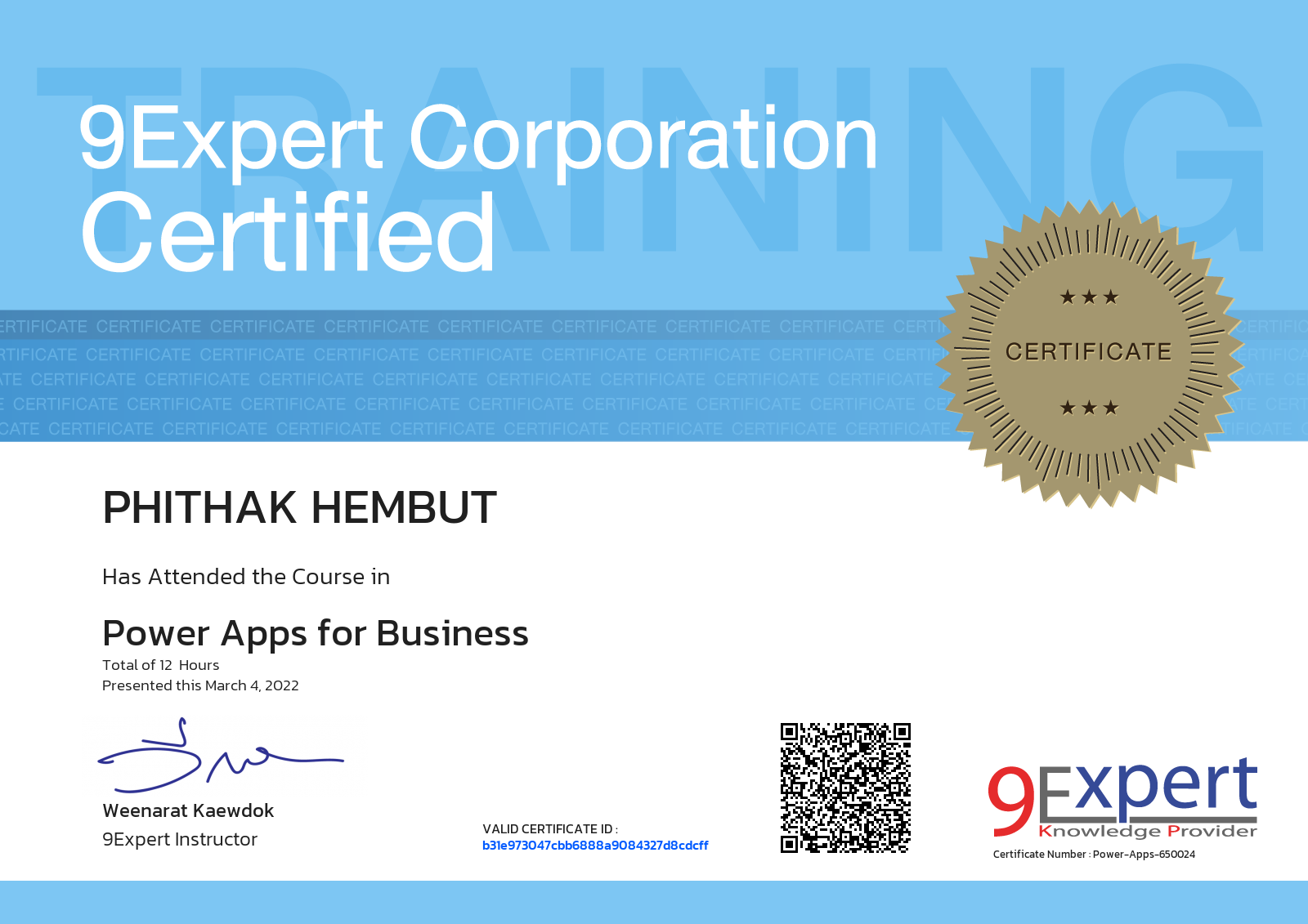 Phithak Hembut has attended the course in Power Apps for Business presented this march 4, 2022
