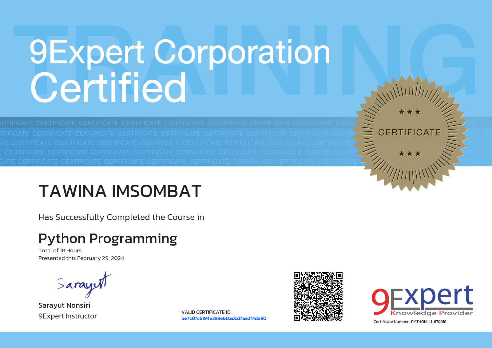 Tawina Imsombat has successfully completed the course in Python Programming presented this february 29, 2024