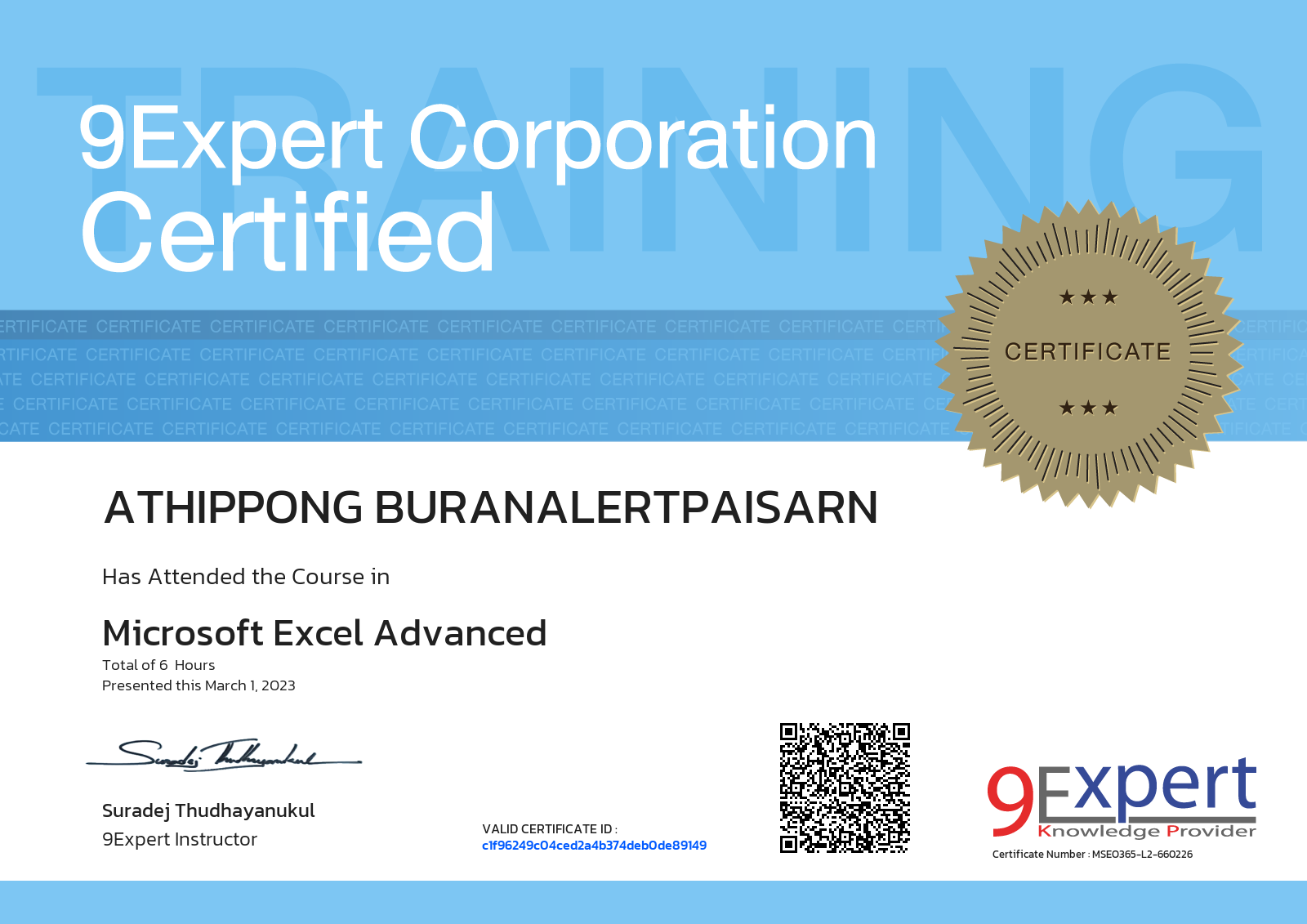 Athippong Buranalertpaisarn has attended the course in Microsoft Excel Advanced presented this march 1, 2023