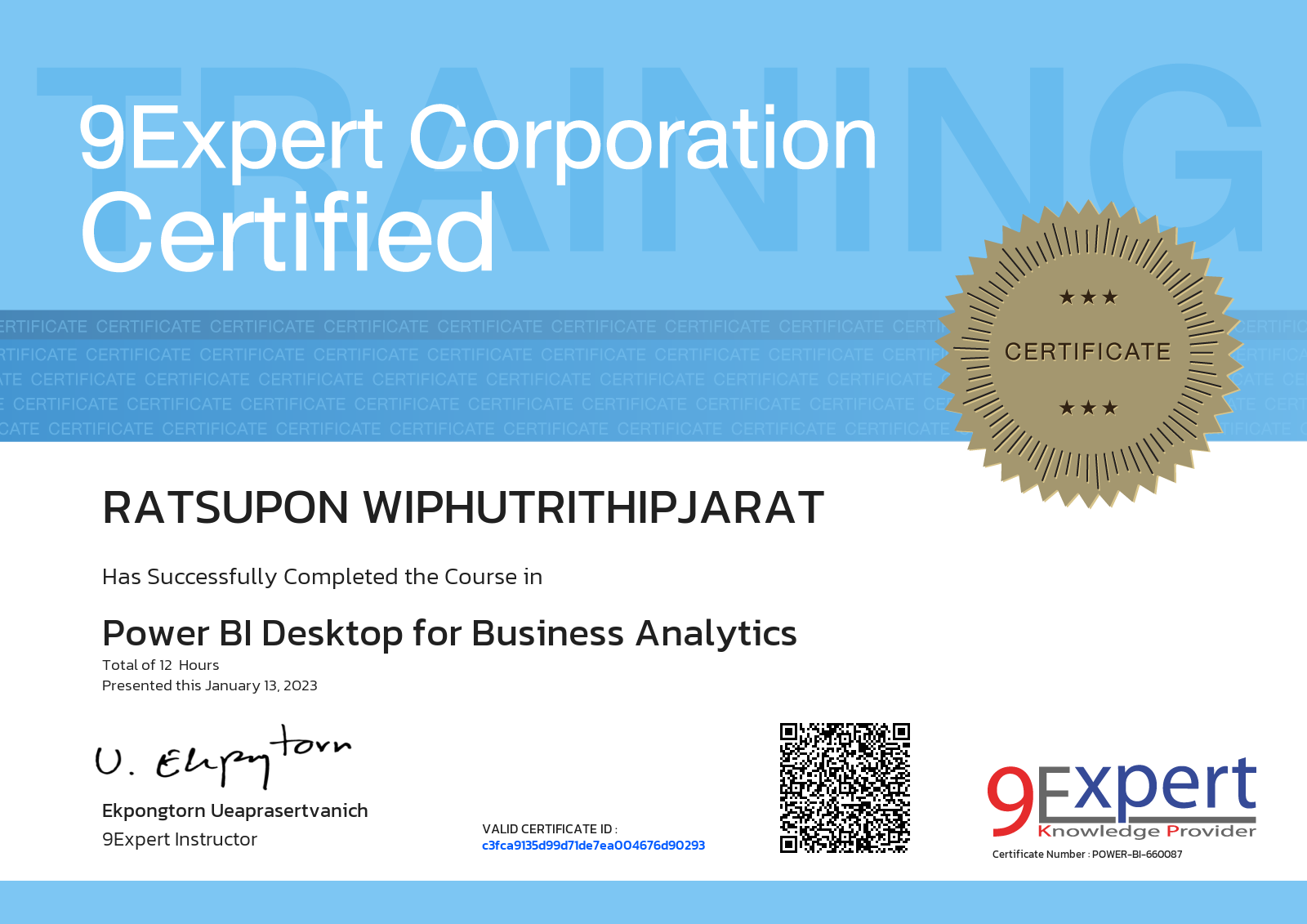 Ratsupon Wiphutrithipjarat has successfully completed the course in Power BI Desktop for Business Analytics presented this january 13, 2023