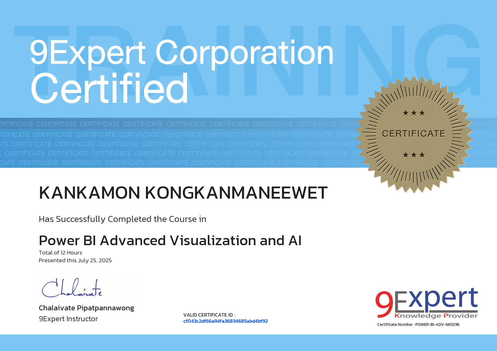 Kankamon Kongkanmaneewet has successfully completed the course in Power BI Advanced Visualization and AI presented this july 25, 2025