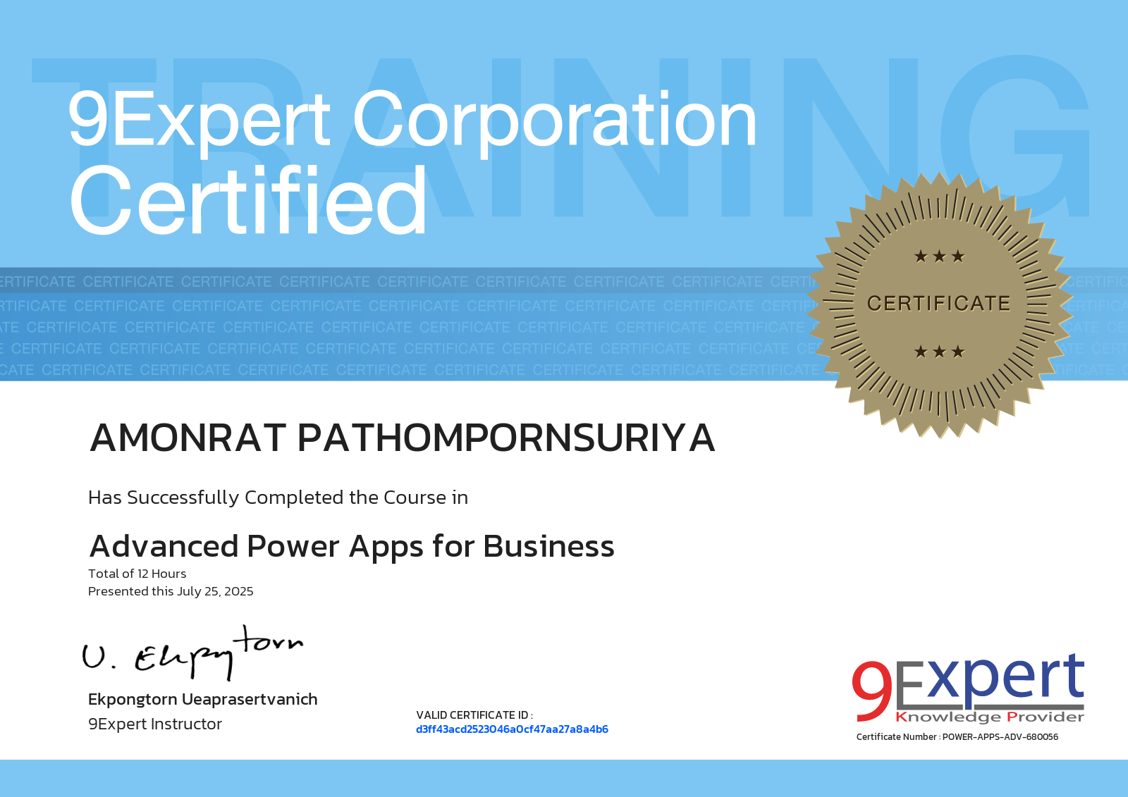 Amonrat Pathompornsuriya has successfully completed the course in Advanced Power Apps for Business presented this july 25, 2025