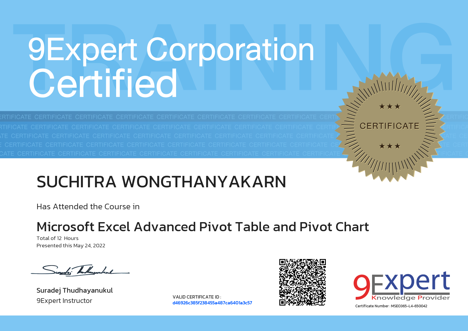 Suchitra Wongthanyakarn has attended the course in Microsoft Excel Advanced Pivot Table and Pivot Chart presented this may 24, 2022