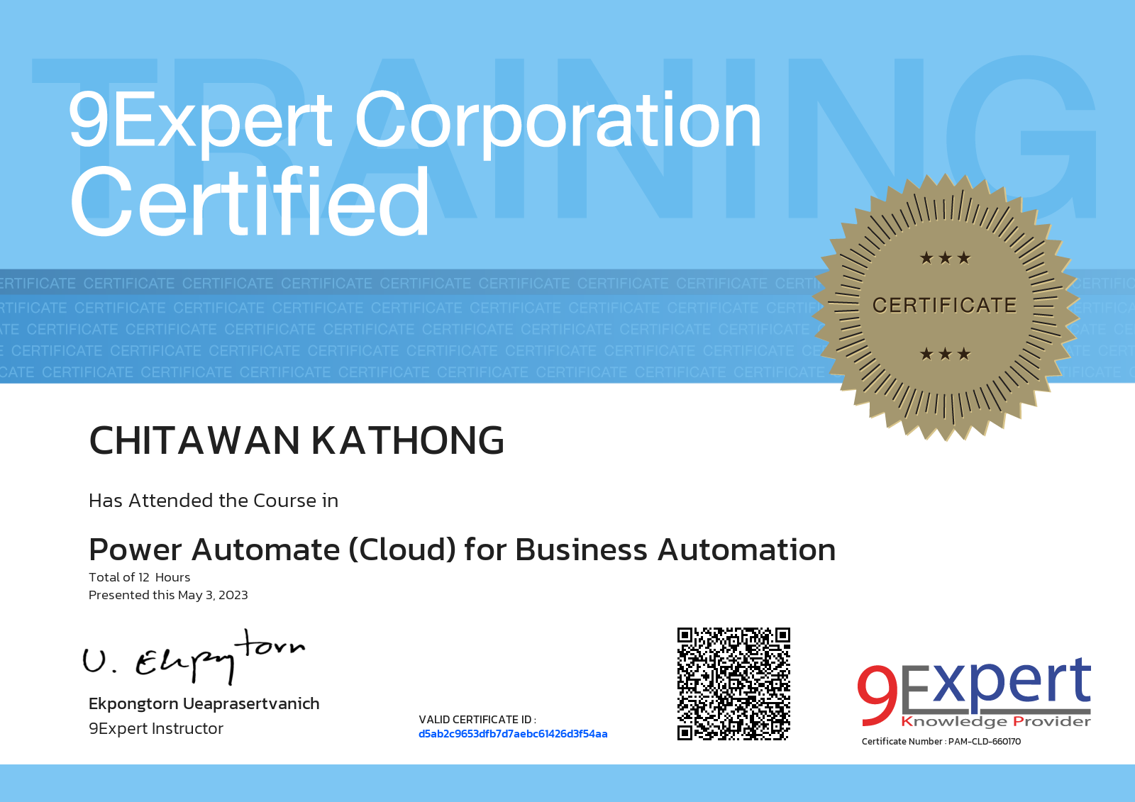 Chitawan Kathong has attended the course in Power Automate (Cloud) for Business Automation presented this may 3, 2023