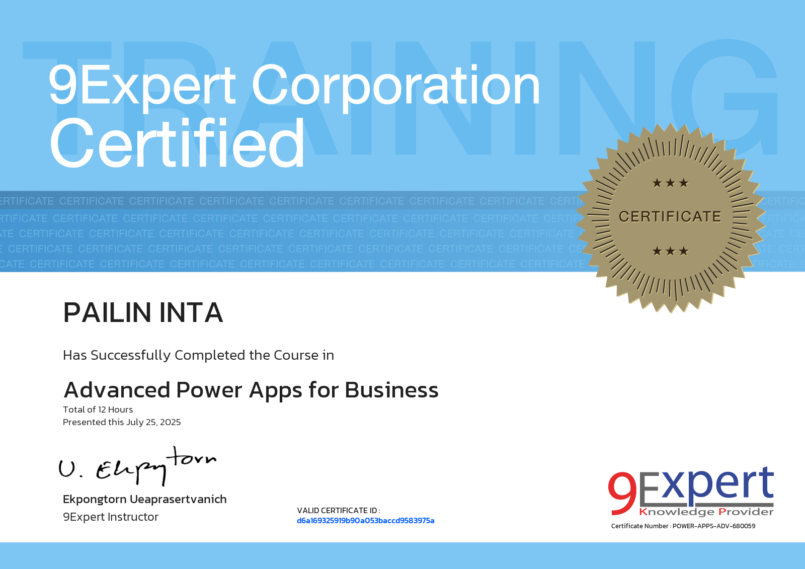 Pailin Inta has successfully completed the course in Advanced Power Apps for Business presented this july 25, 2025